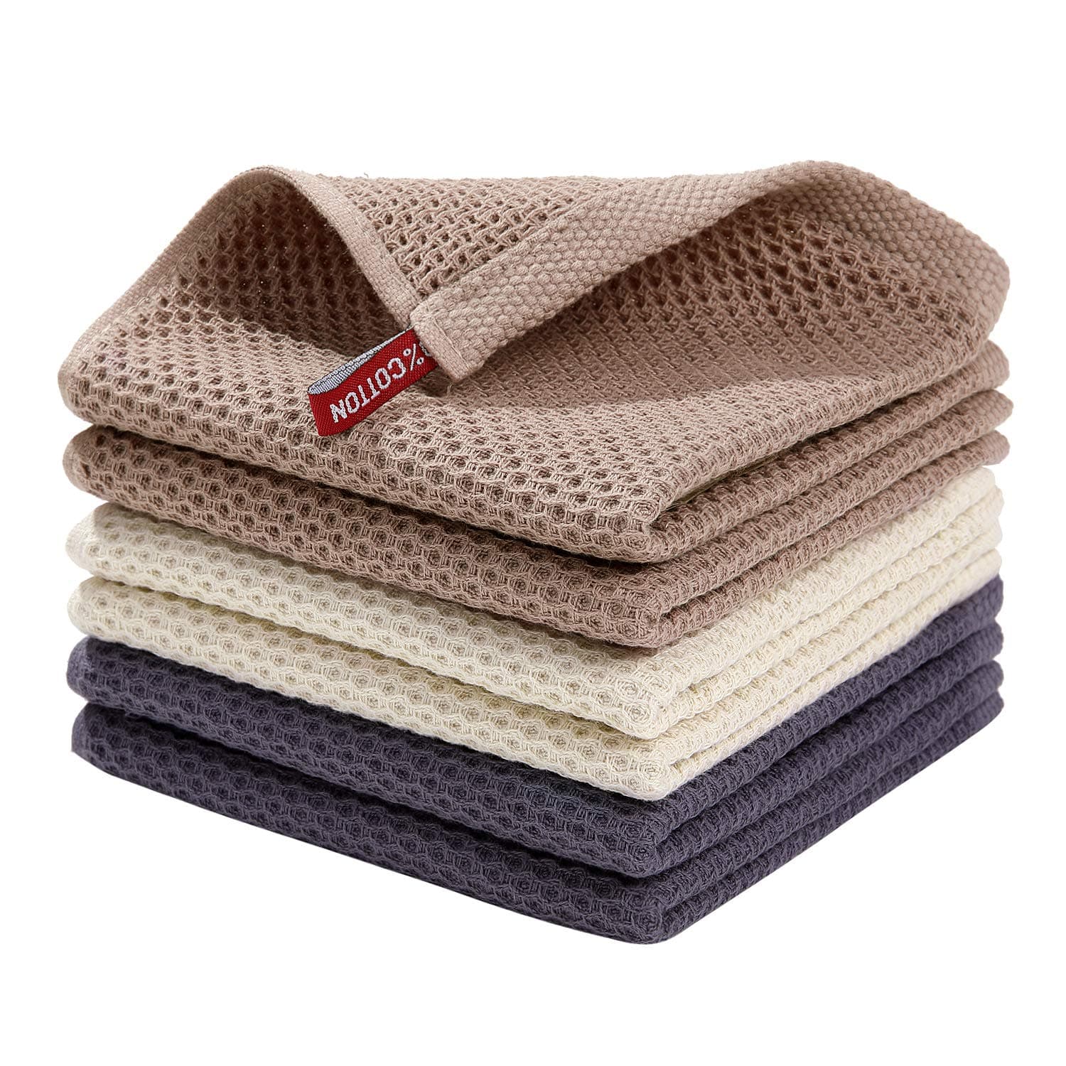 100% Cotton Waffle Weave Kitchen Dish Cloths, Ultra Soft Absorbent Quick Drying Dish Towels, 12x12 Inches, 6-Pack, Mixed Color