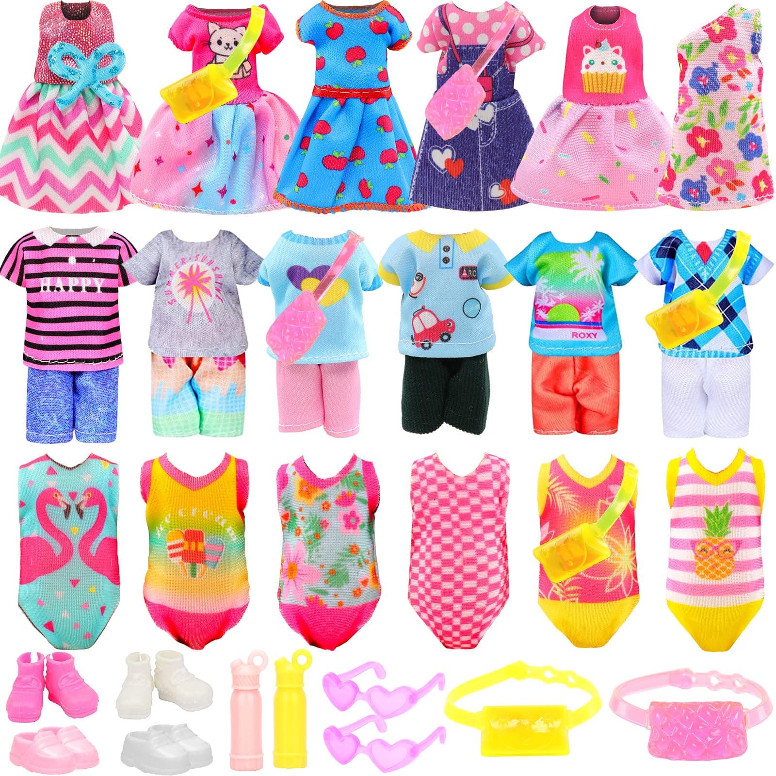 22 Pcs Mini 5 inch Doll Clothes and Accessories Including 4 Sets Fashion Dresses 4 Casual Tops and Pants Outifits 4 Swimsuits with 4 Shoes 2 Glasses 2 Shoulder Bag for 5-5.3 Inch Dolls