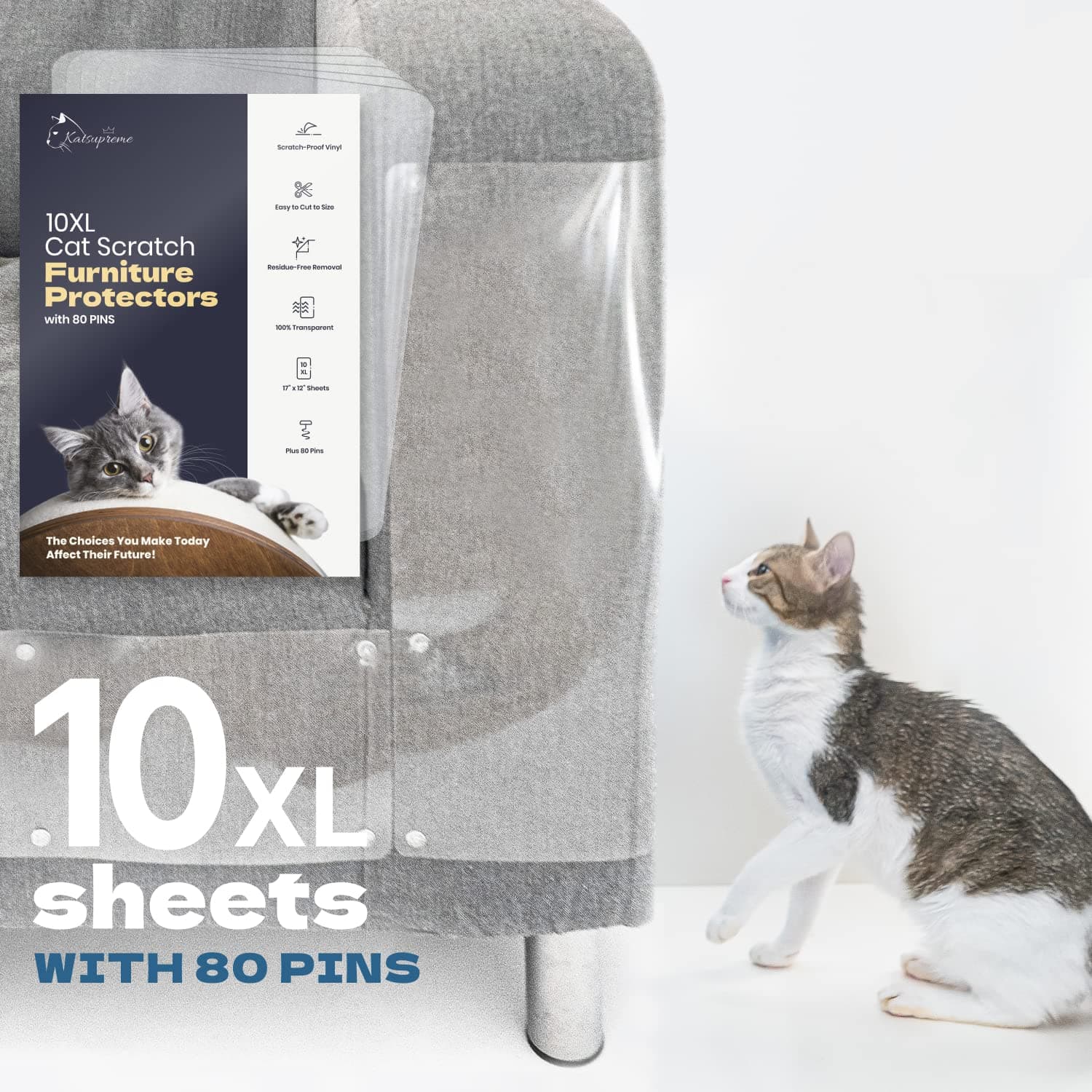 KatSupreme Cat Scratch Furniture Protector - Couch and Sofa Guards - 10 XL Sheets With 80 Pins