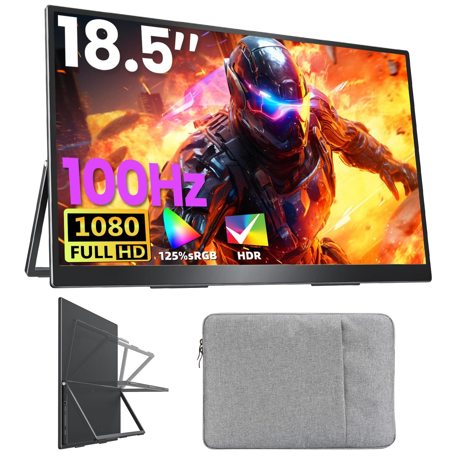 Portable Gaming Monitor 18.5 Inch 1080P 100Hz 120% sRGB USB-C HDMI Large Portable Monitor for Laptop, U185FHLS