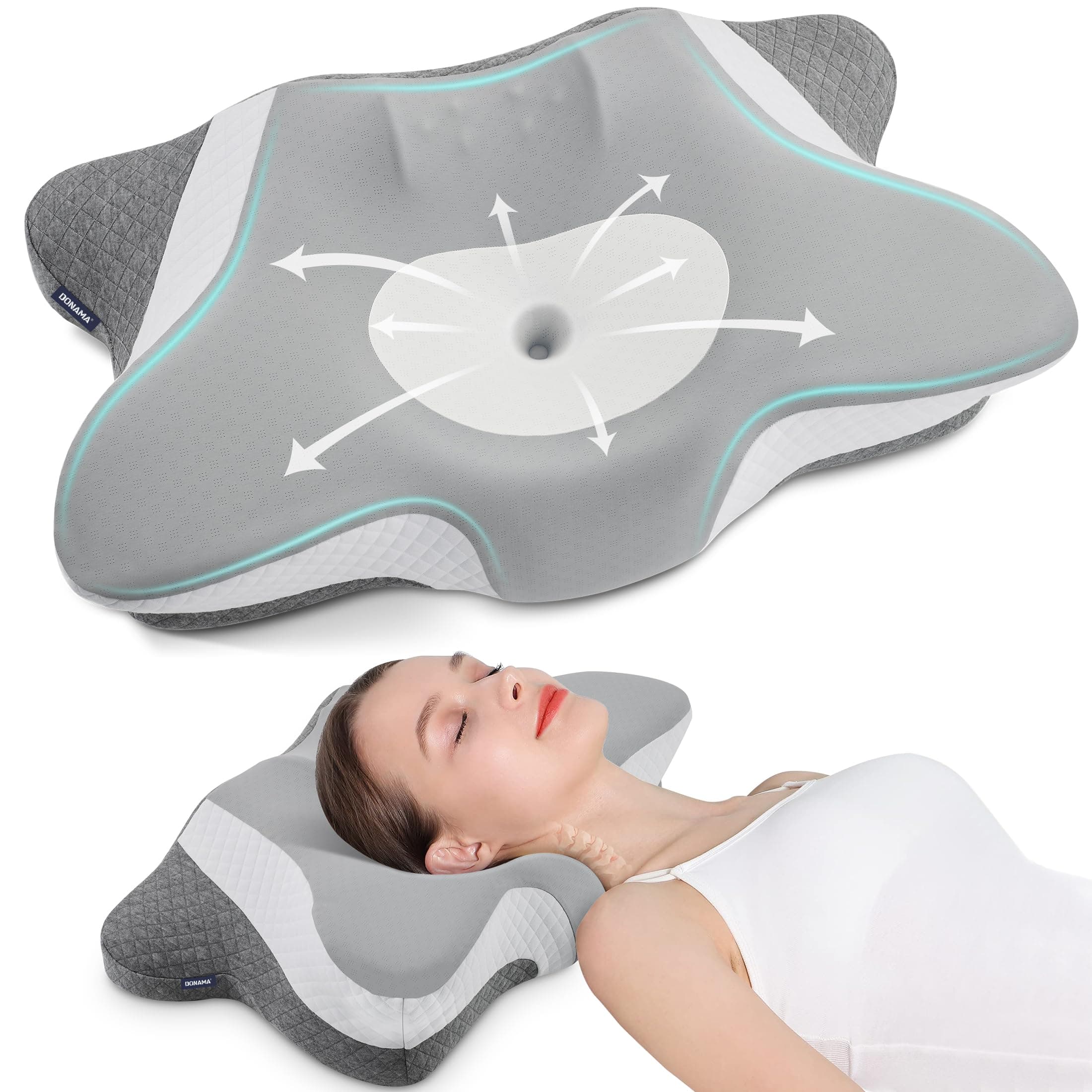 DONAMA Cervical Neck Pillow for Sleeping, Ergonomic Memory Foam Pillows with Built-in/Removable Small Neck Support Pillow, Contour Bed Pillows for Side Back Stomach Sleepers with Cooling Pillowcase