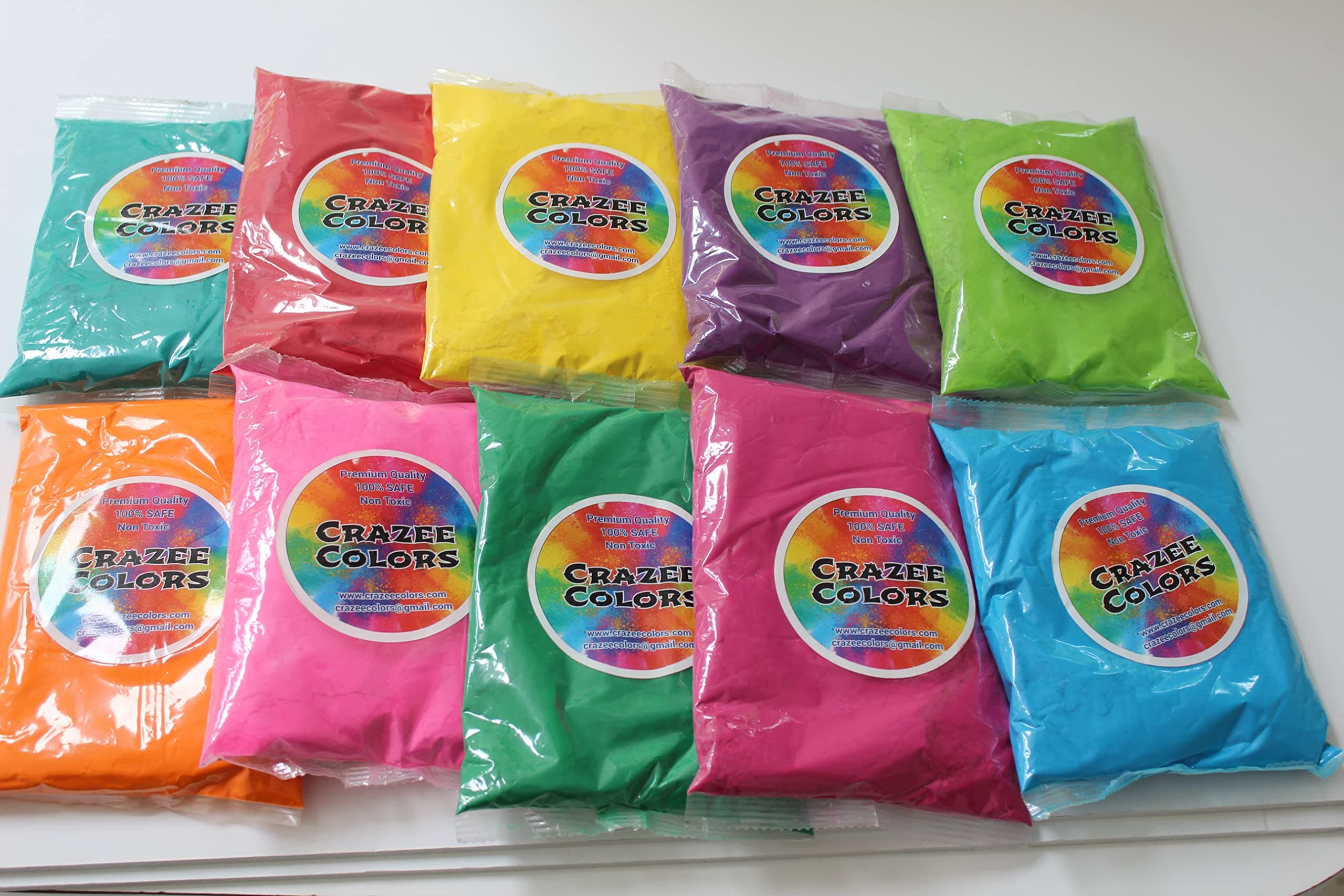 10 Colors x 50 grams - CraZeeColors(TM) Premium Holi Color Powder