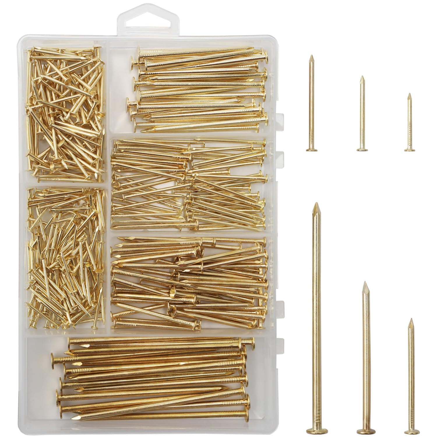 6 Sizes Gold Hardware Nails Assortment Kit, 358pcs, Brass Plated, Nails for Hanging Pictures, Finishing Nails, Wood Nails, Wall Nails for Hanging (3”, 2”, 1-1/2”, 1-1/4", 1”, 3/4")