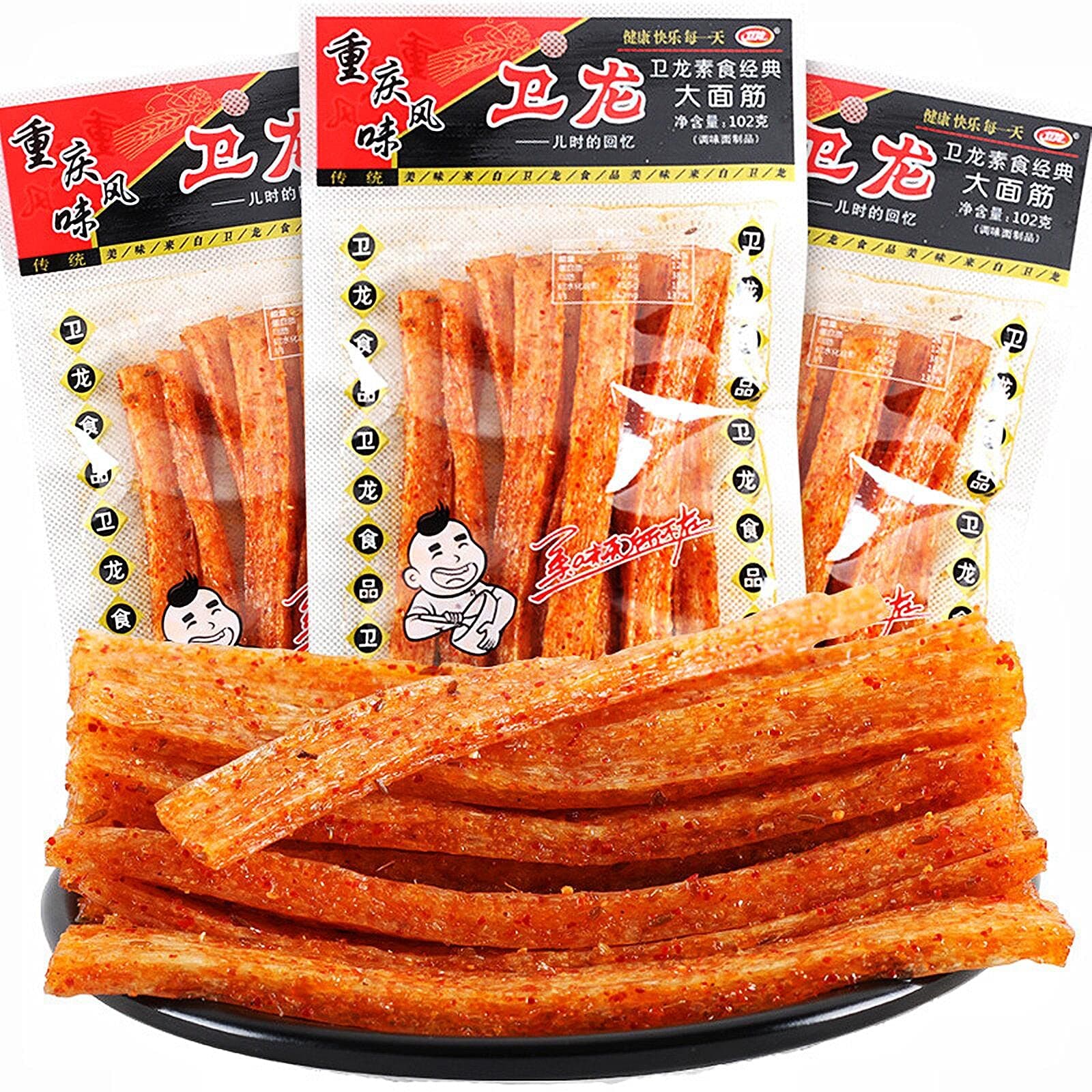 NERSQELX Spicy Strips - Spicy Gluten Latiao, Chinese Special Casual Snack Food, Made From Wheat / Chili / Spice, Low Sugar and Low Calories, Best Vegan, 102g (Pack of 3)