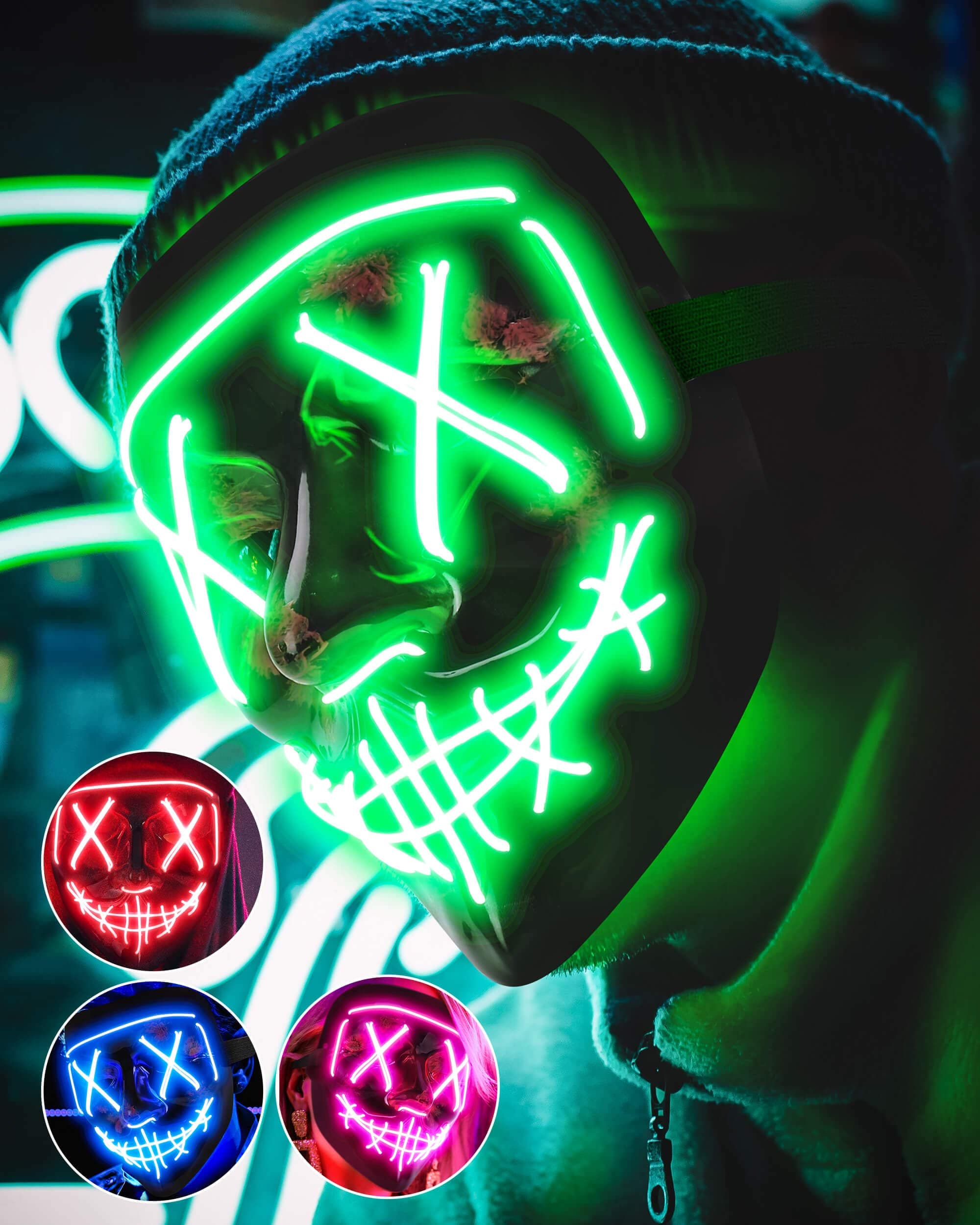 Halloween Mask, LED Light Up Mask Cosplay Costume, Scary Mask with 3 Lighting Modes, Glowing Anonymous Mask for Boy Girls
