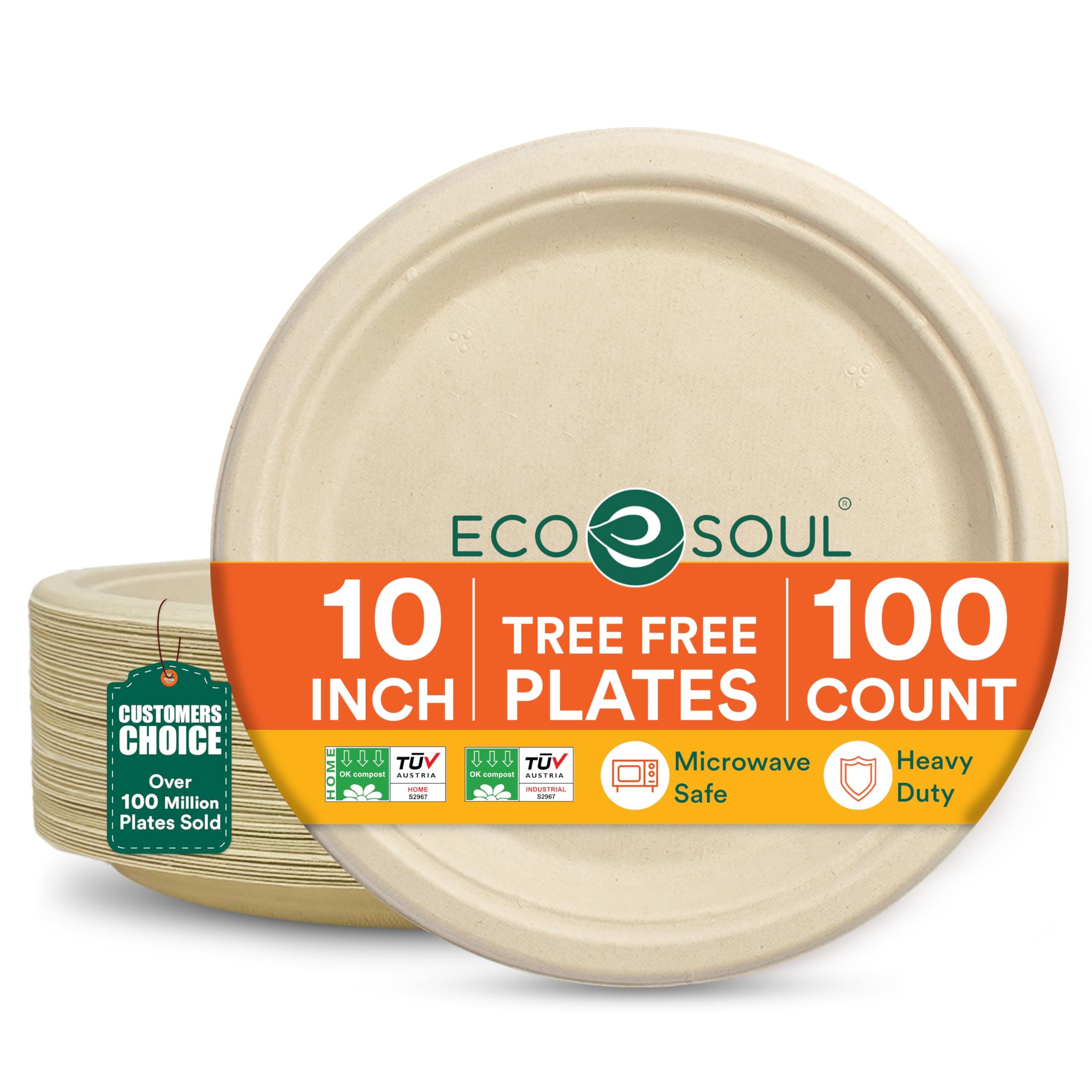 Eco Soul | Disposable Bagasse Plates | 10 inch - Pack of 100 | Disposable Plates Big Size in Bulk for Holi Party & Gatherings | Plastic-Free, Tree-Free, Microwave Safe, Leak-Resistant