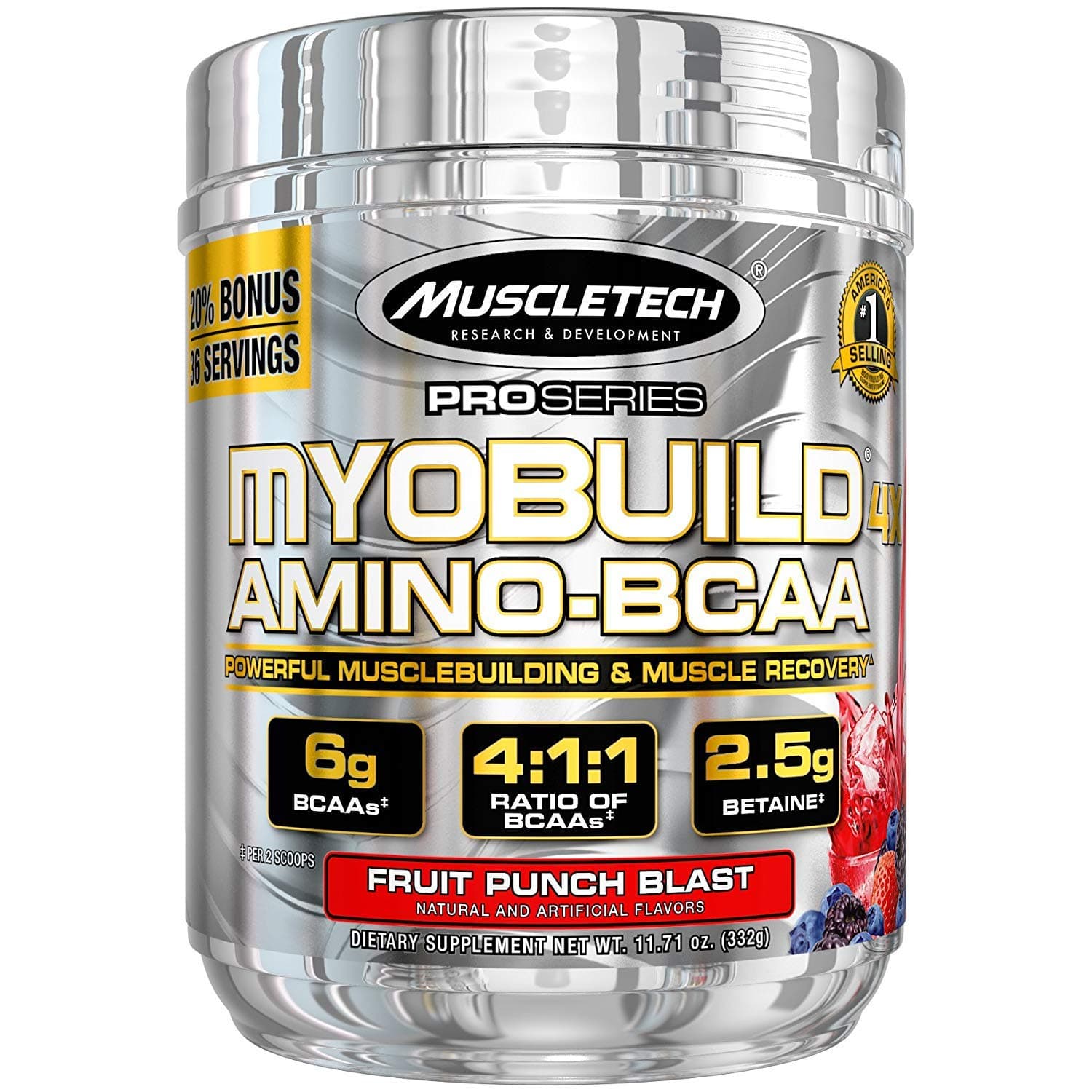 Post Workout BCAA Amino Acids | MuscleTech Myobuild Amino BCAAs | Muscle Builder & Muscle Recovery Powder | Featuring Taurine & Betaine | BCAAs Amino Acids Supplement | Fruit Punch (36 Servings)