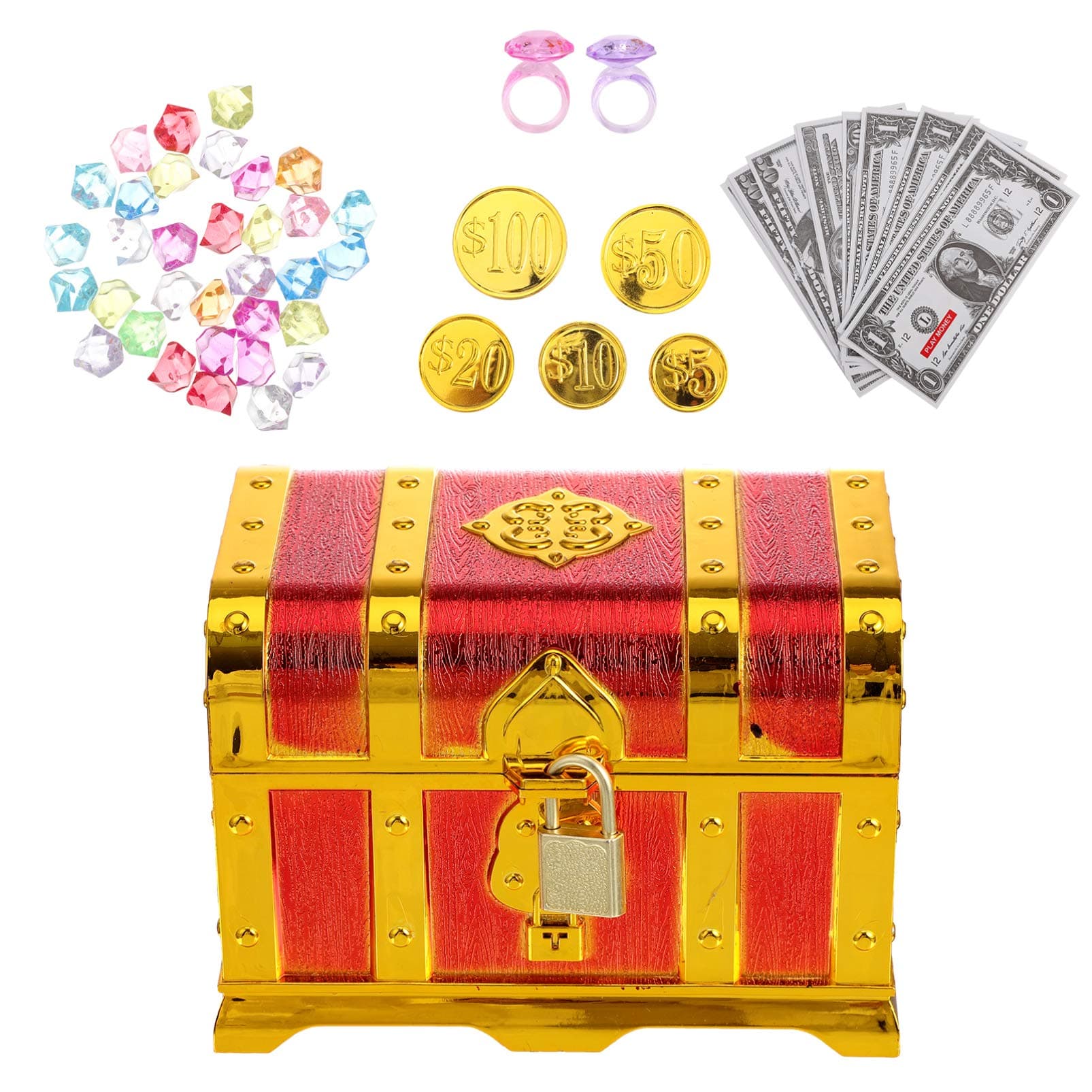 Pirate Treasure Box Toy Pirate Treasure Chest Toys Coins and Gems Rings Box for Kids Children Toddlers