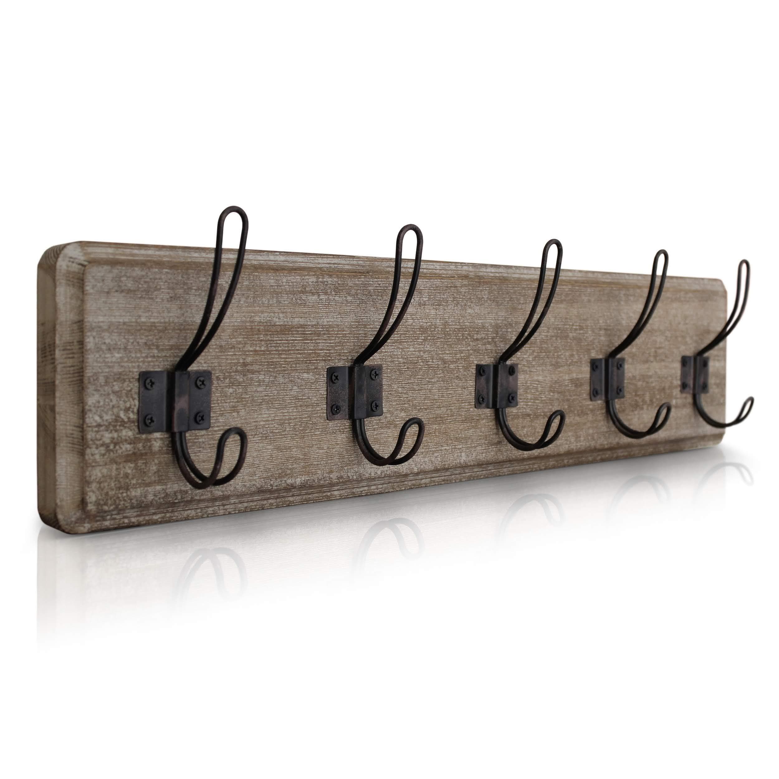 HBCY Creations Weathered Rustic Coat Rack Wall Mount with 5 Hooks, Solid Pine Wood 24 inch Wall Hooks for Entryway, Mudroom, Hallway, Bathroom - Vintage Farmhouse Style Wall Mounted Towel Rack