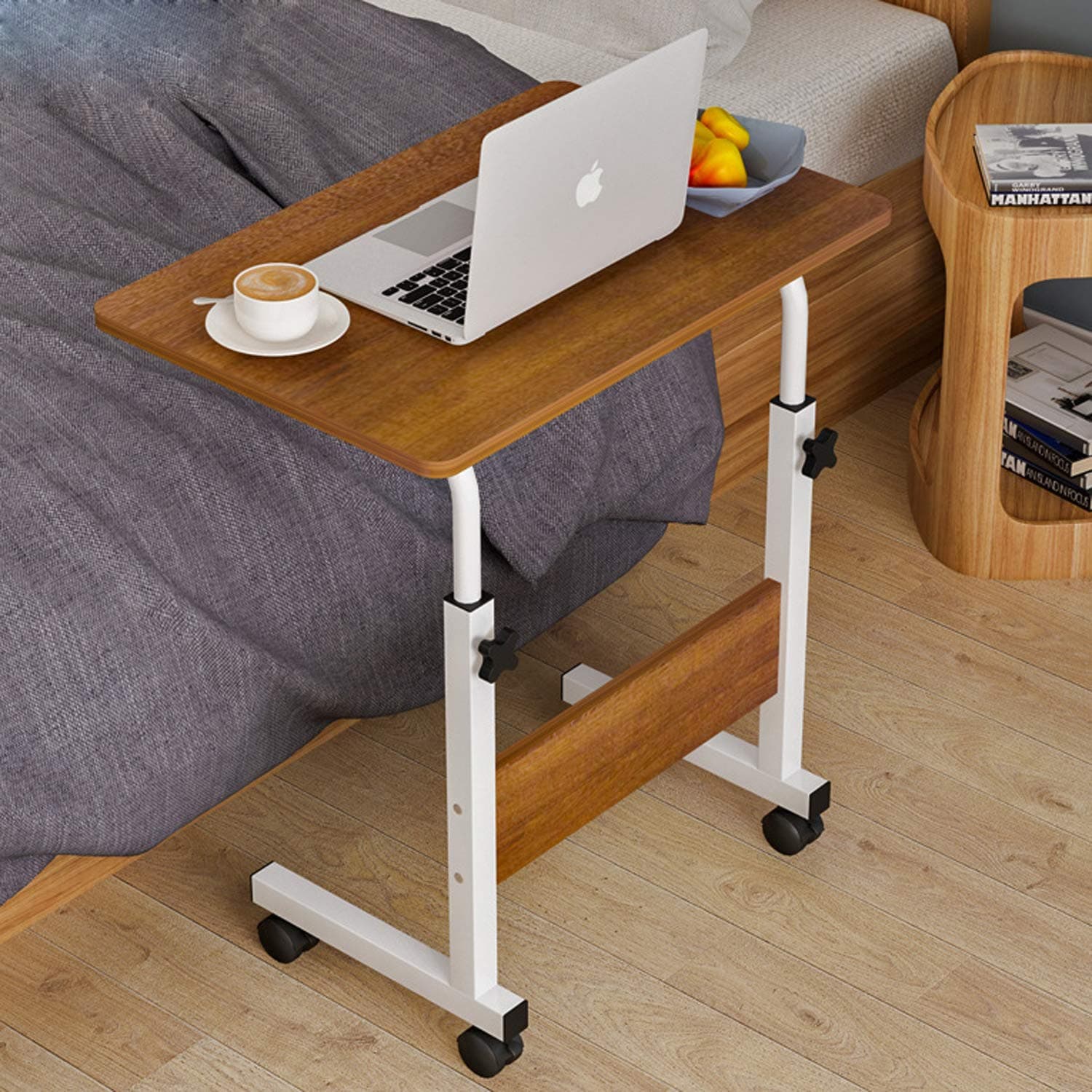 Mobile Bedside Computer Table, Adjustable Height Desk Laptop Desk, Side Table with 4 Wheels, for Office Home 60 * 40cm,Brown