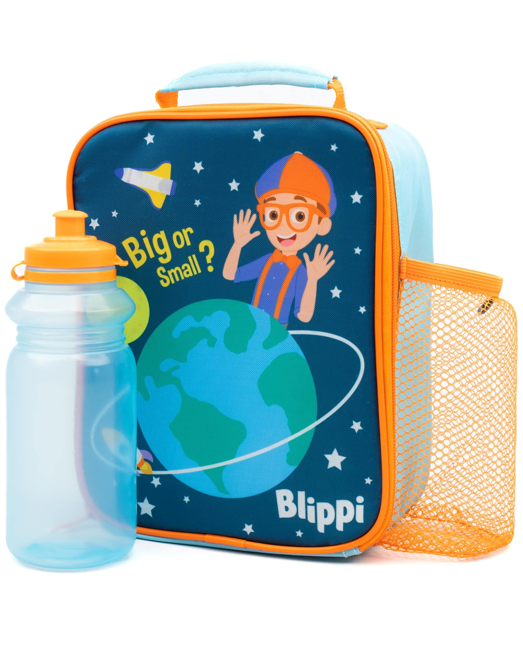 BlippiBlippi Lunch Bag and Water Bottle Set for Kids | Carry Handle Lunch Box with BPA-Free Sports Bottle | Orange and Blue Learn Space Adventure | Toddlers' Nursery School Food Carrier | Keeps Food Fresh