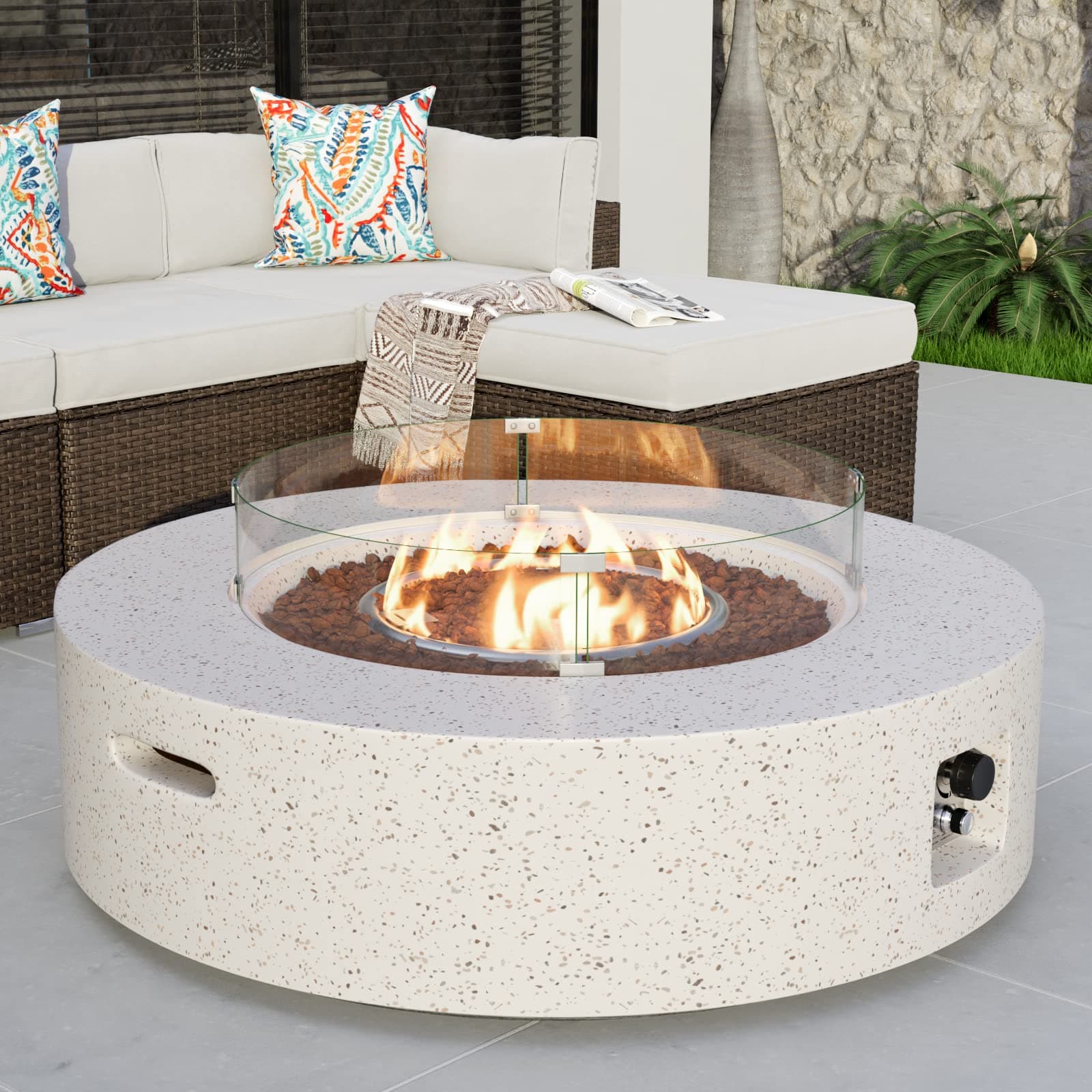COSIEST Outdoor Propane Fire Pit Coffee Table w Beige 42 inch Round Base Patio Heater, Certified, 50,000 BTU Stainless Steel Burner, Wind Guard, Tank Outside, Free Lava Rocks, Waterproof Cover