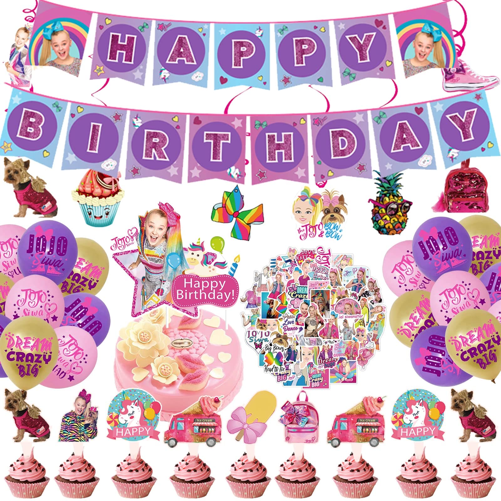 JoJo Birthday Party Supplies, 102 PCS Birthday Decorations Set Include Banner, Latex Balloons, Hanging Swirls, Cake Cupcake Toppers, Stickers Favors for Kids Girls Siwa Theme Party