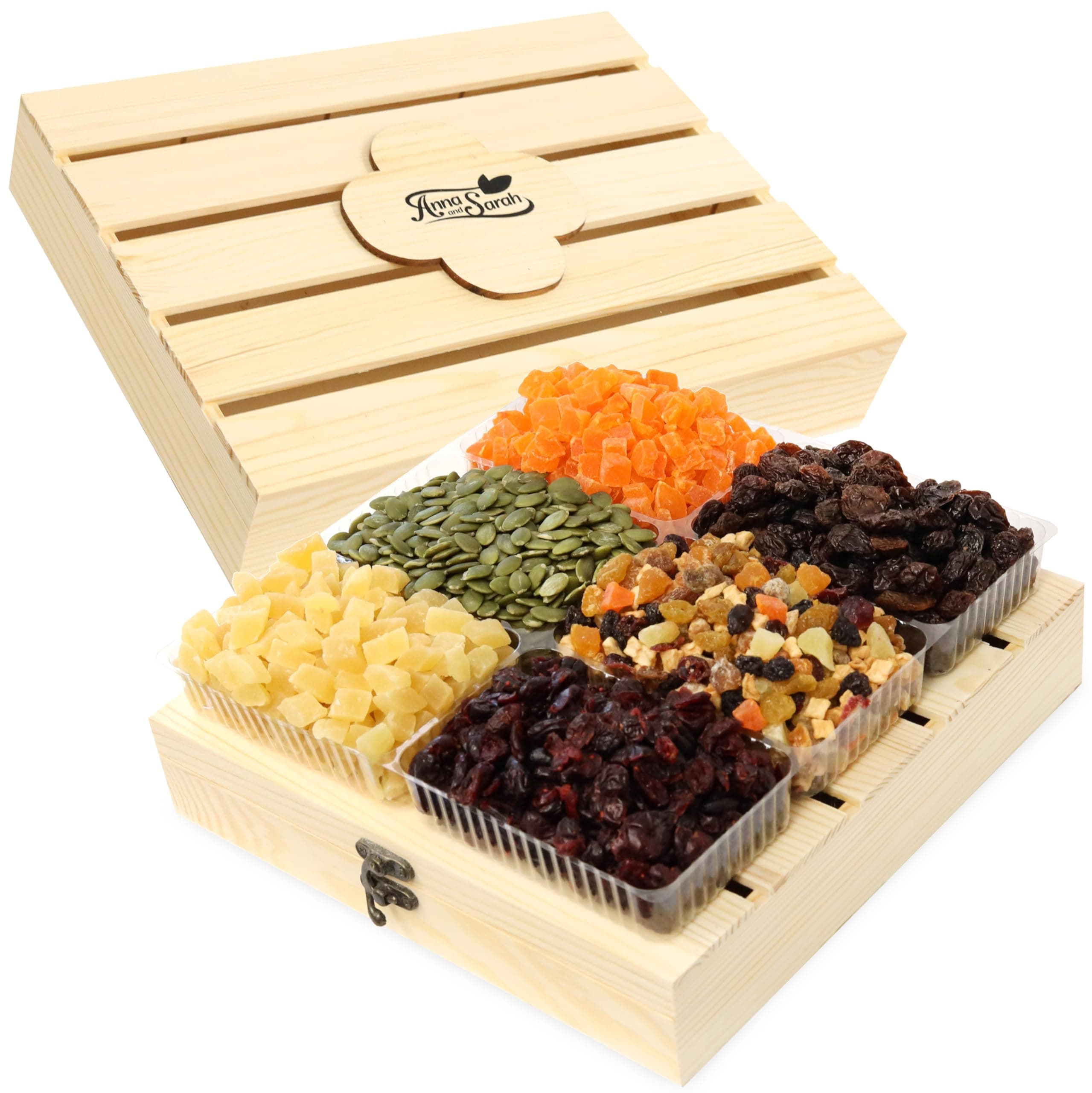 Anna and Sarah Premium Dried Fruit-Nuts-Seed and Trail Mix(Trail Mix, Papaya, Pineapple,Cranberry, Black Jumbo Raisin and Pumpkin Seed) in Wooden Gift Basket Kosher-Halal For Christmas-Holiday for Mom