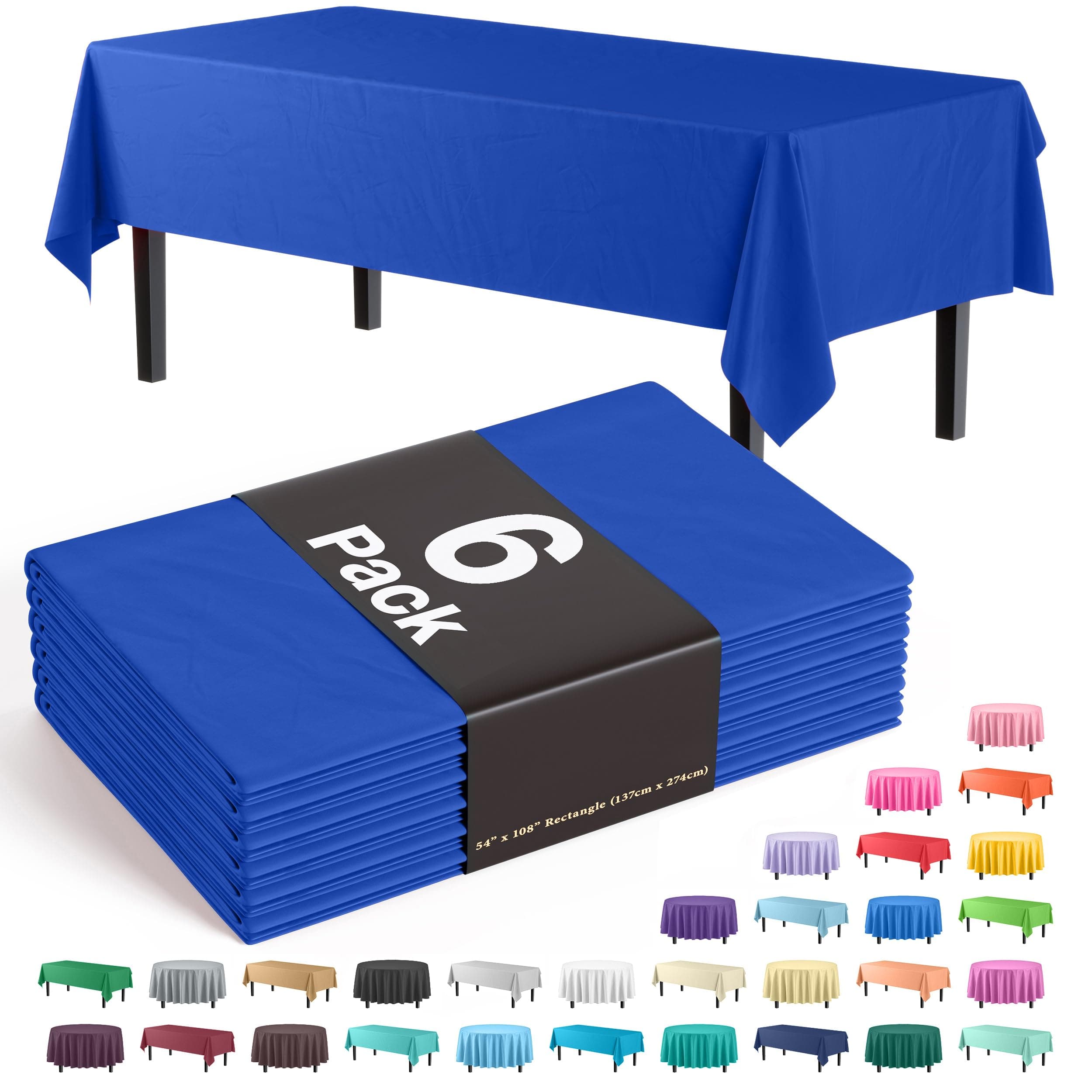 Exquisite Party Solids 6-Pack Premium Plastic Tablecloth 54in. x 108in. Rectangle Plastic Table Cover - Blue