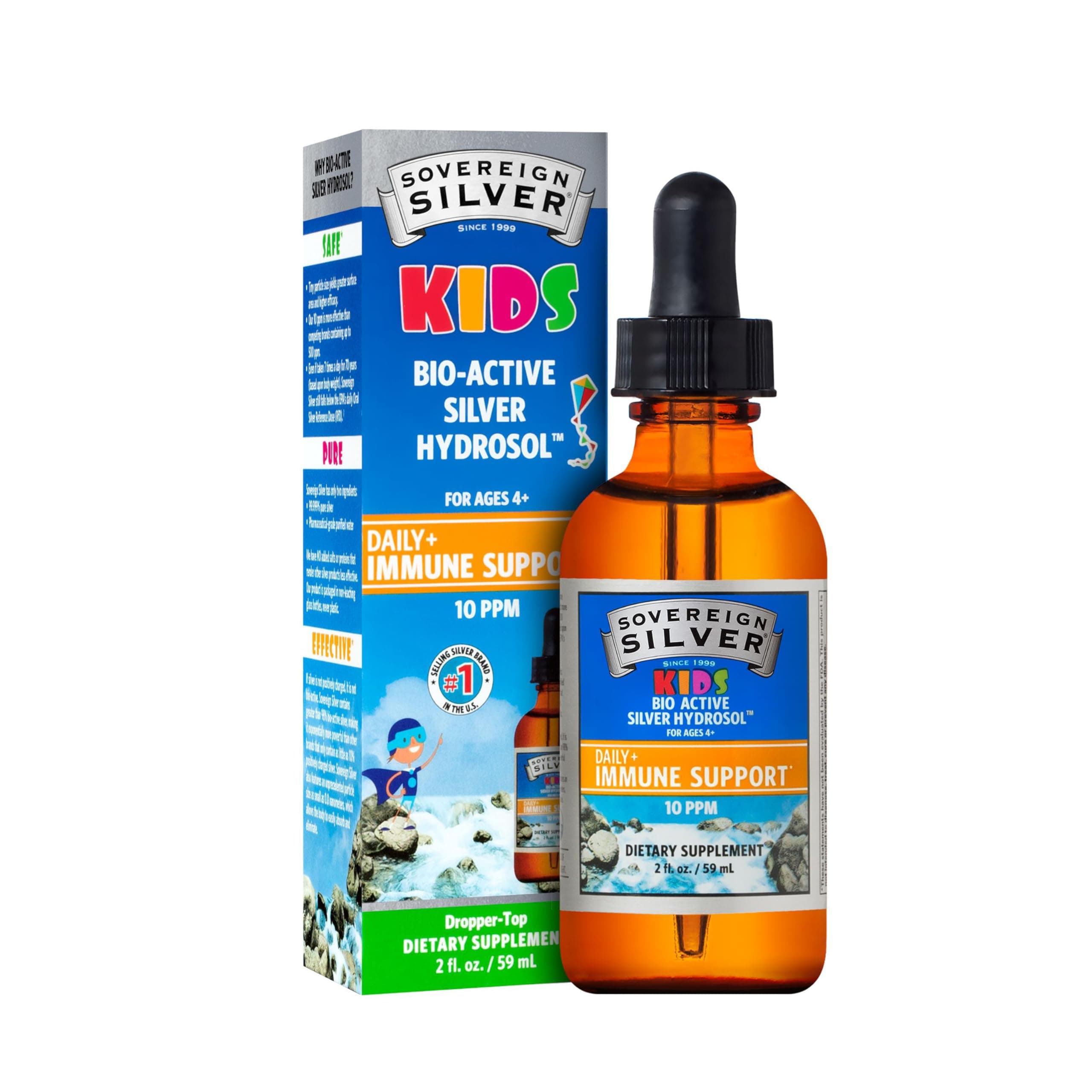 Sovereign Silver Kids Immune Support - Colloidal Silver, Bio-Active Silver Hydrosol, 10 ppm, Liquid Dropper, 2 Fl Oz, (59 mL)