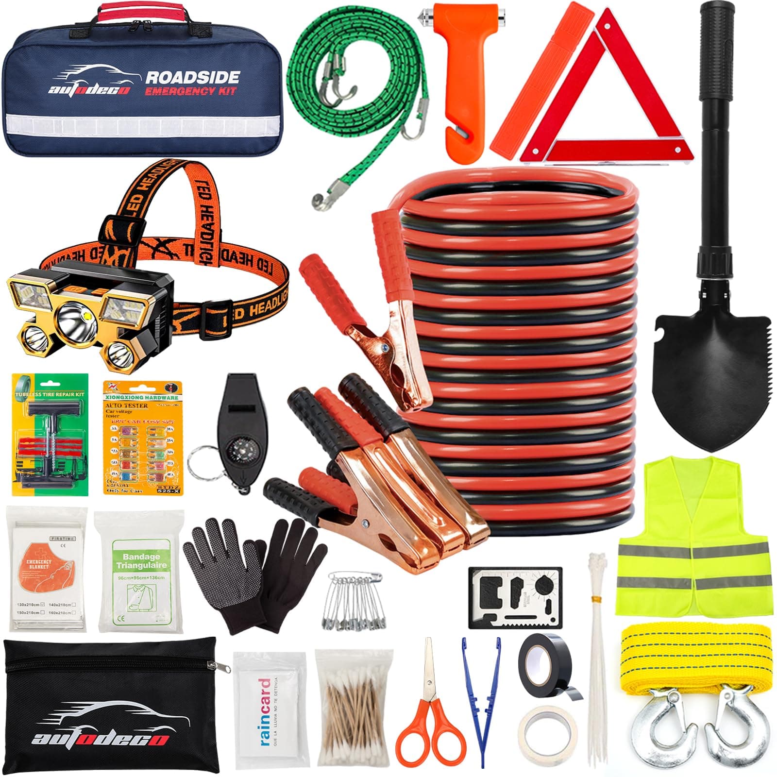 AUTODECO Car Roadside Emergency Kit, Portable Roadside Emergency Kits for Vehicles Car Safety Kit with Jumper Cables, Safety Hammer, Folding Shovel
