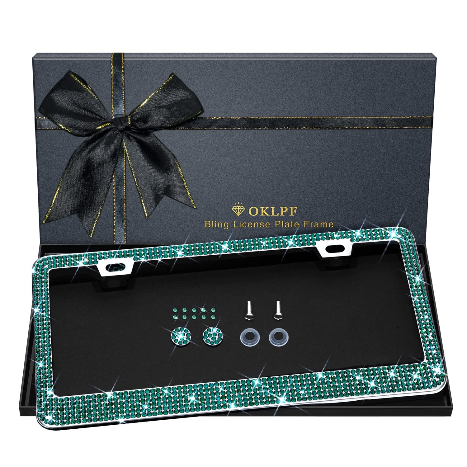 Bling License Plate Frame for Women, 1PCS Sparkly Stainless Steel License Plate Frames| Over 1000 pcs 14 Facets Bedazzled Clear Glass Diamond Rhinestone Crystals w/Free Glitter Diamond Box (Green)