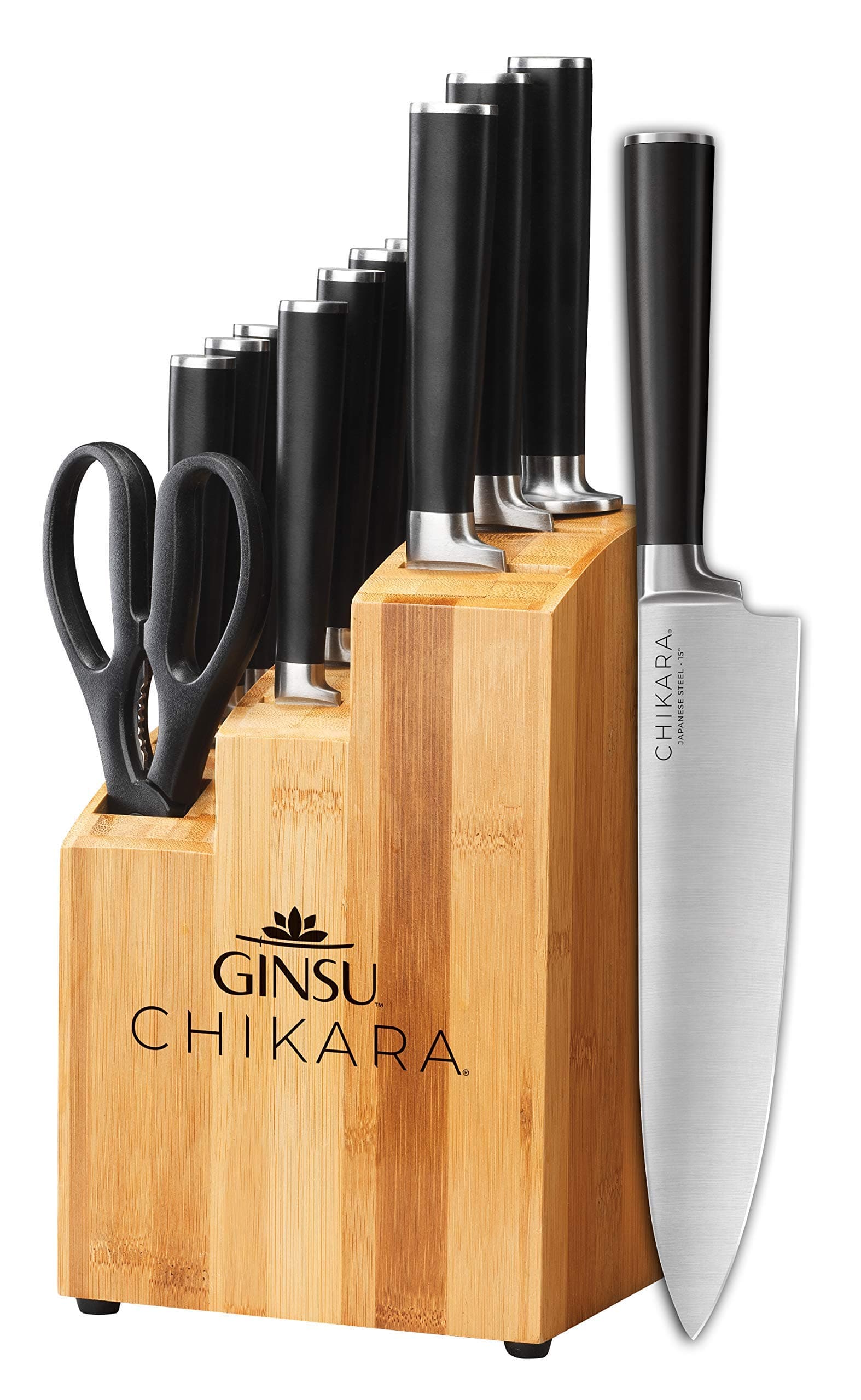 Chikara Series 12-Piece Japanese Kitchen Knife Set - Premium 420J Stainless Steel Cutlery Set with Bamboo Block, Perfect for Any Table or Dining Room, Includes Steak Knives – Black
