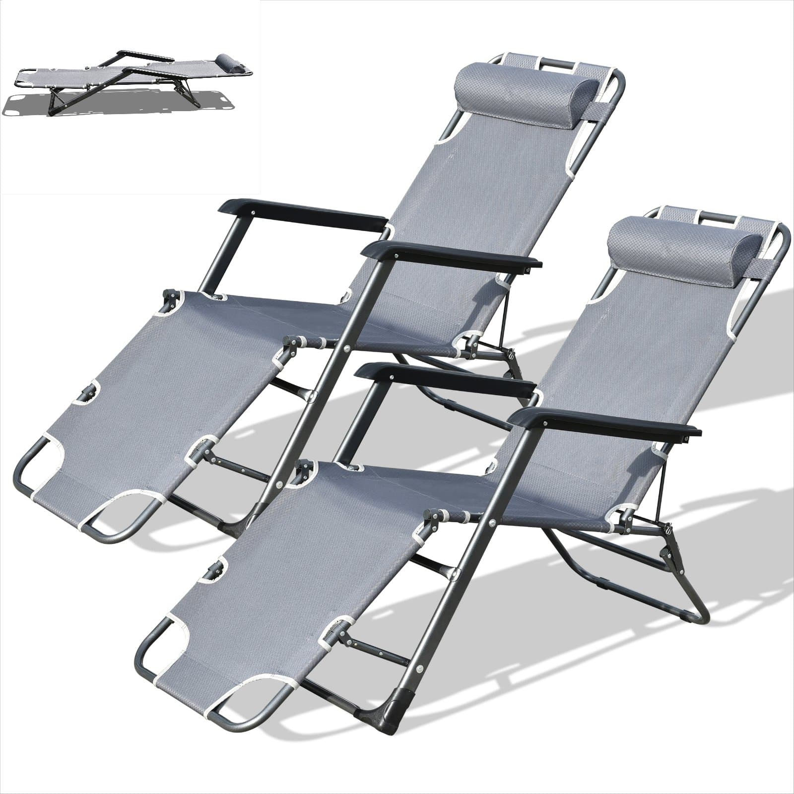 Outdoor Lay Flat Patio Reclining Beach Sun Lounge Chair Set of 2 (Dark Grey)