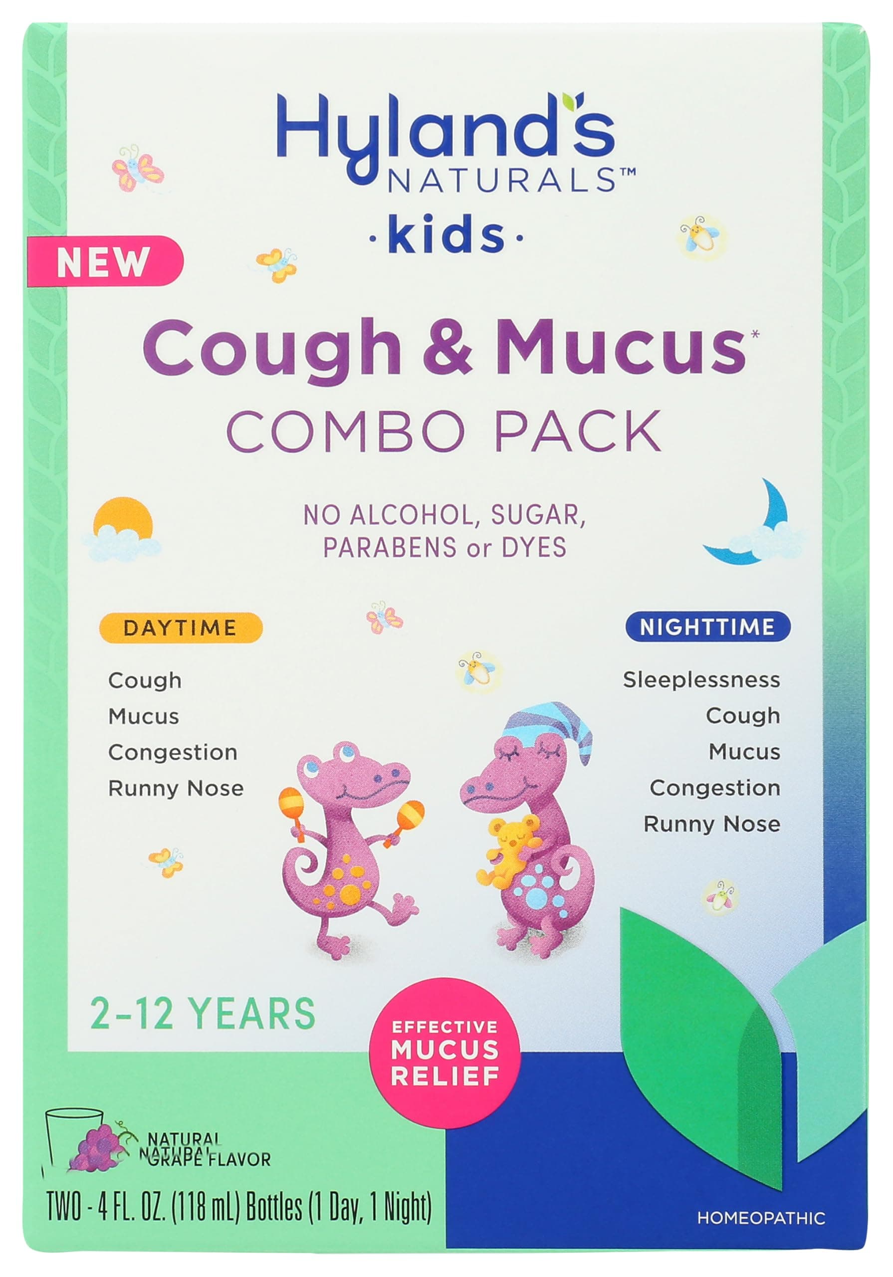Hyland's Naturals Kids Cough & Mucus Daytime & Nighttime Combo Pack, Kids Cough Medicine for Ages 2-12, Grape Flavor, Natural Relief of Sleeplessness, Cough, Runny Nose, Mucus & Congestion, 8 Ounces
