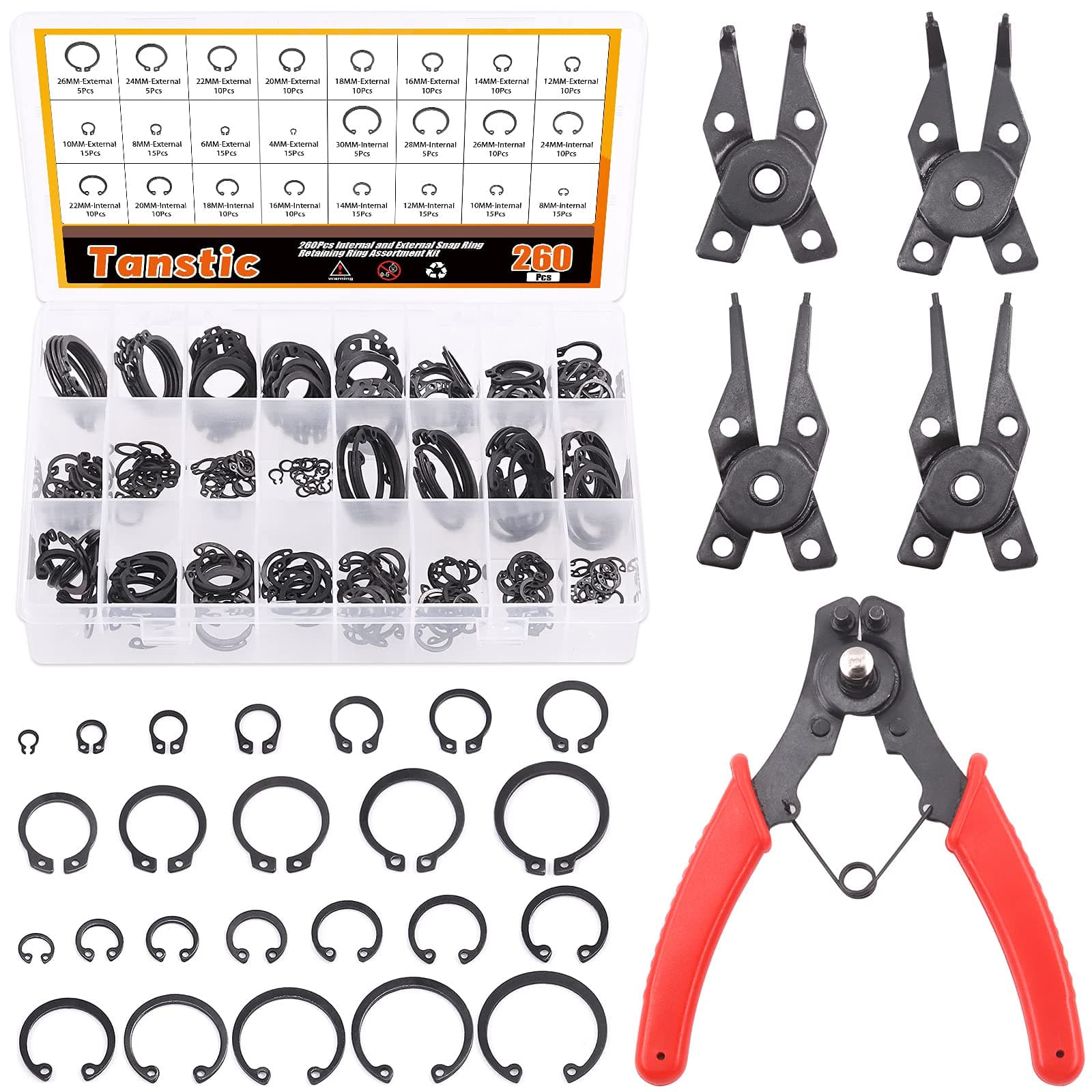 261Pcs 4 In 1 Snap Ring Pliers Set Snap Ring Pliers Remover Retaining Circlip Pliers with 260Pcs Internal and External Snap Ring Retaining Ring Assortment Kit