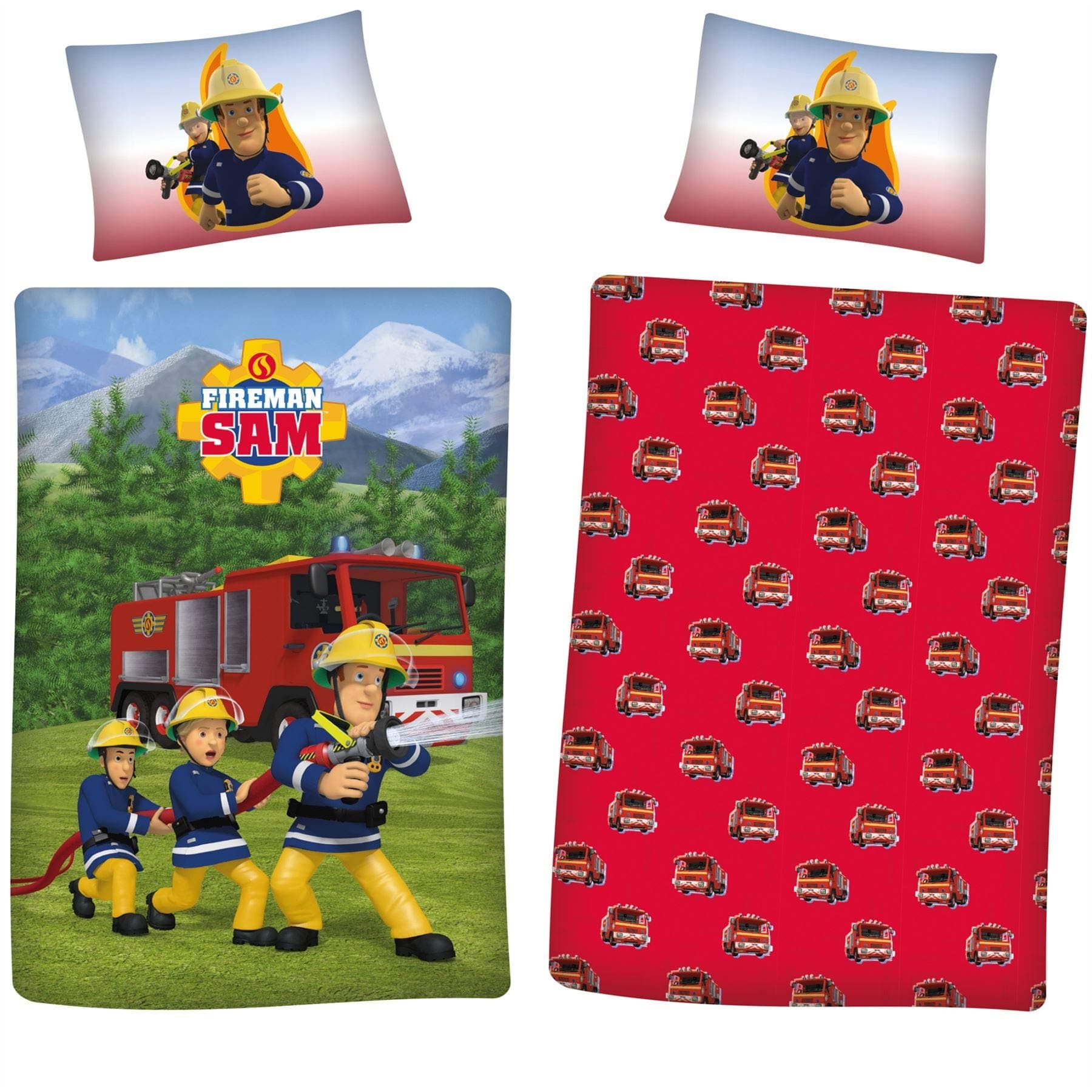 REVERSIBLE FIREMAN SAM Single Duvet Cover Kids Bedding Set Girl/Boy Children Bed 2 in 1 Designs 100% Soft Cotton Linen Cover Set Blue/Red (Fireman Sam, Single)