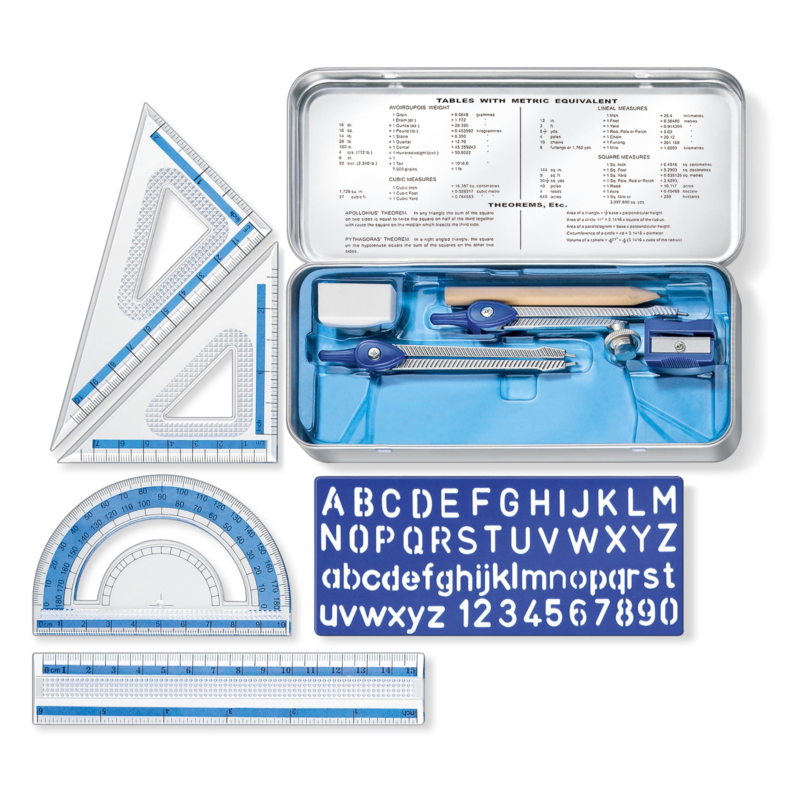 10-Piece Math Set with Metal Compass, 6" Ruler & Triangle Squares, 45° & 30/60° Set Squares, Alphabet Stencil - Measuring Tools