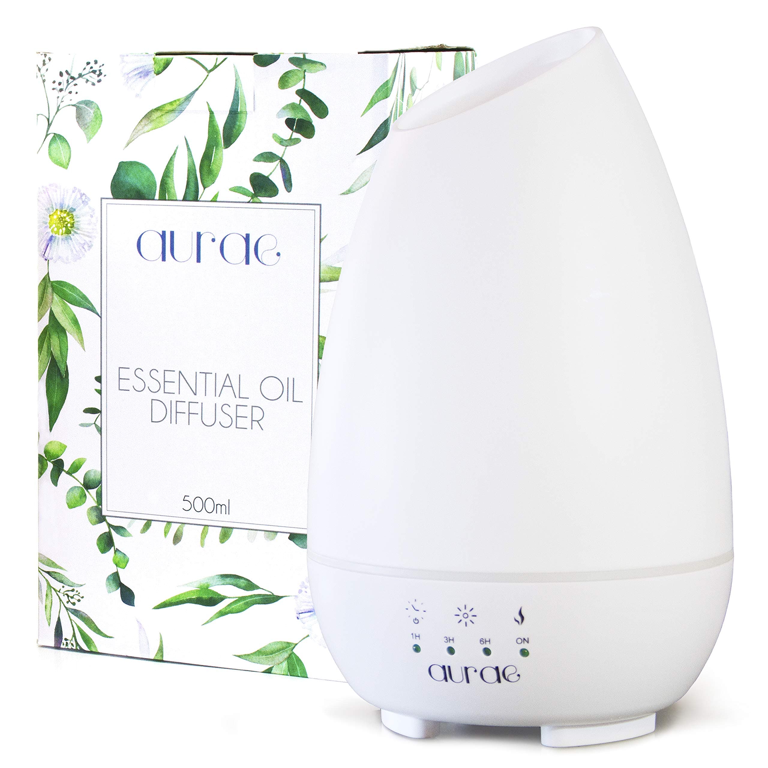 Aurae Essential Oil Diffuser, 500ml Aroma Diffuser Ultrasonic Cool Mist Humidifier with Touch Timer, Mist Control and 7 Color LED Lights (White)