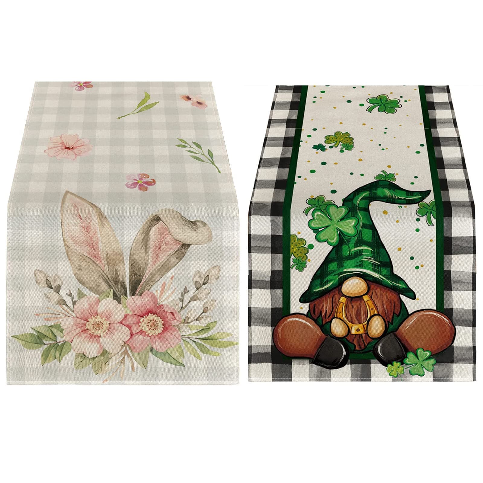 2 PCS St Patrick's Day and Easter Table Runner Rabbit Bunny Buffalo St Patricks Gnomes Plaid Coffee Home Dining Indoor Seasonal Spring Holiday Farmhouse Tabletop Decor 72 Inches Long