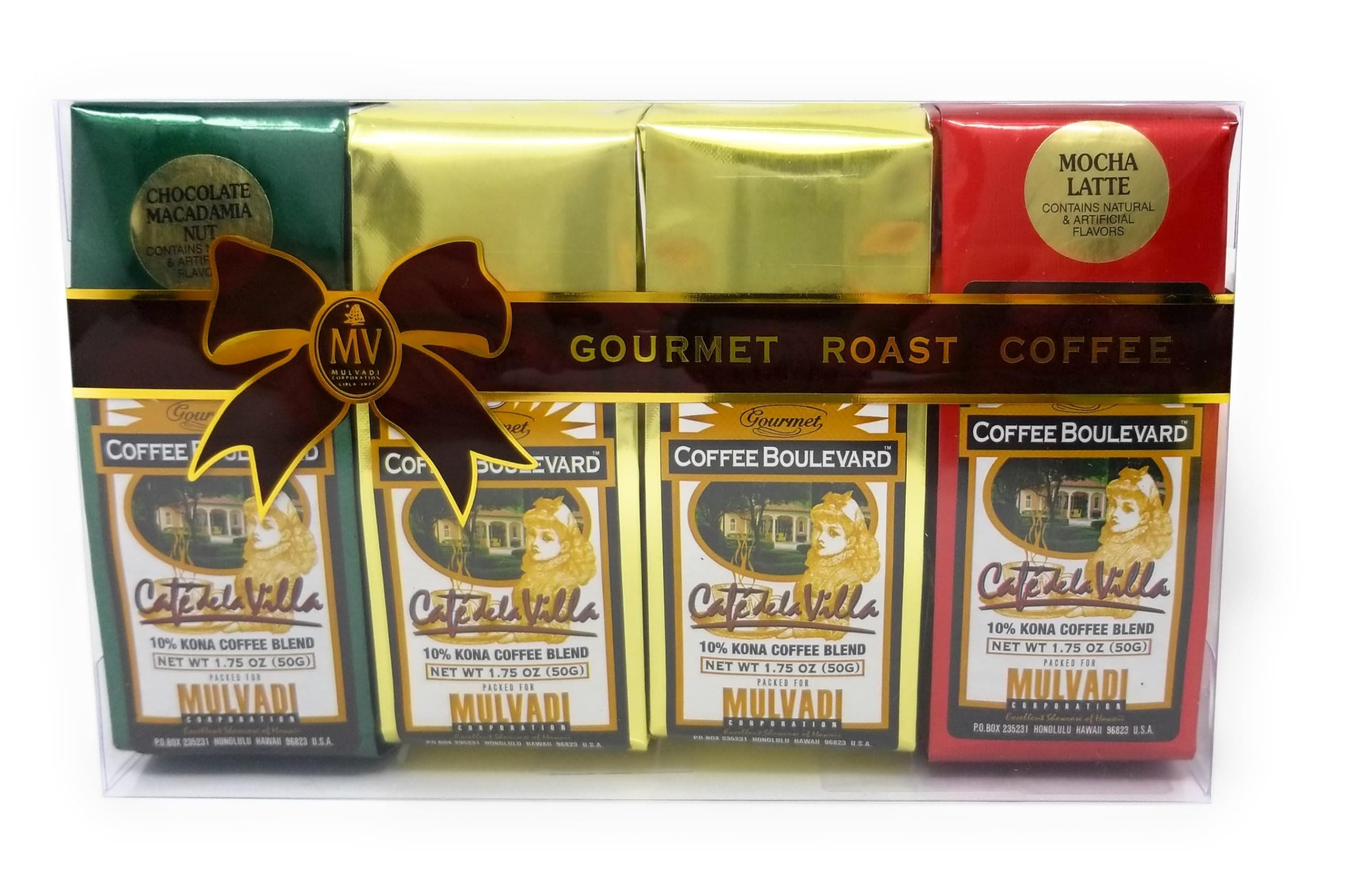 Mulvadi 10% Kona Coffee Blend Gift Pack, Ground, 3 Flavors,Four 1.75 oz Bags