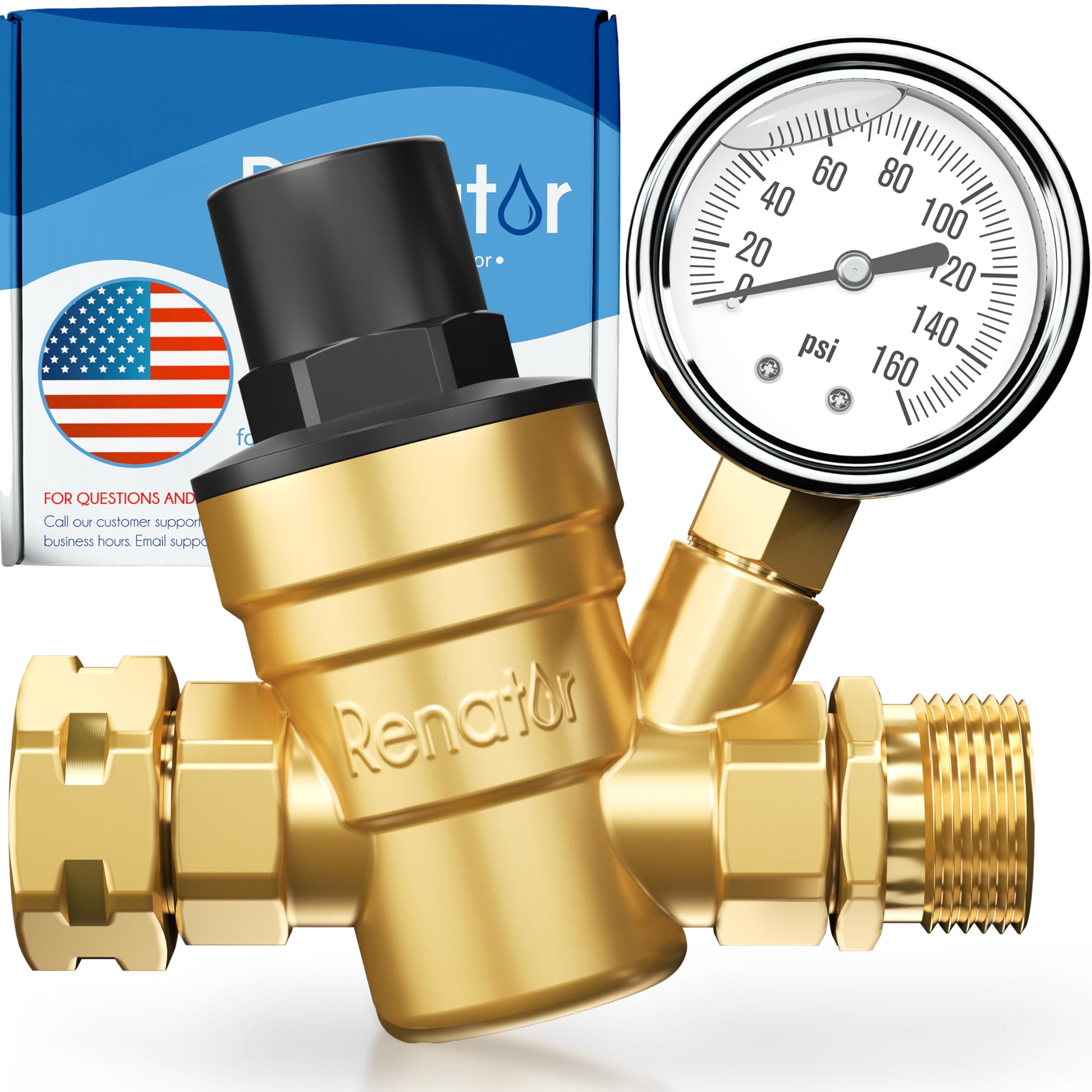 M11-0660R Water Pressure Regulator Valve. Brass Lead-free Adjustable Water Pressure Reducer with Gauge for RV Camper, and Inlet Screened Filter