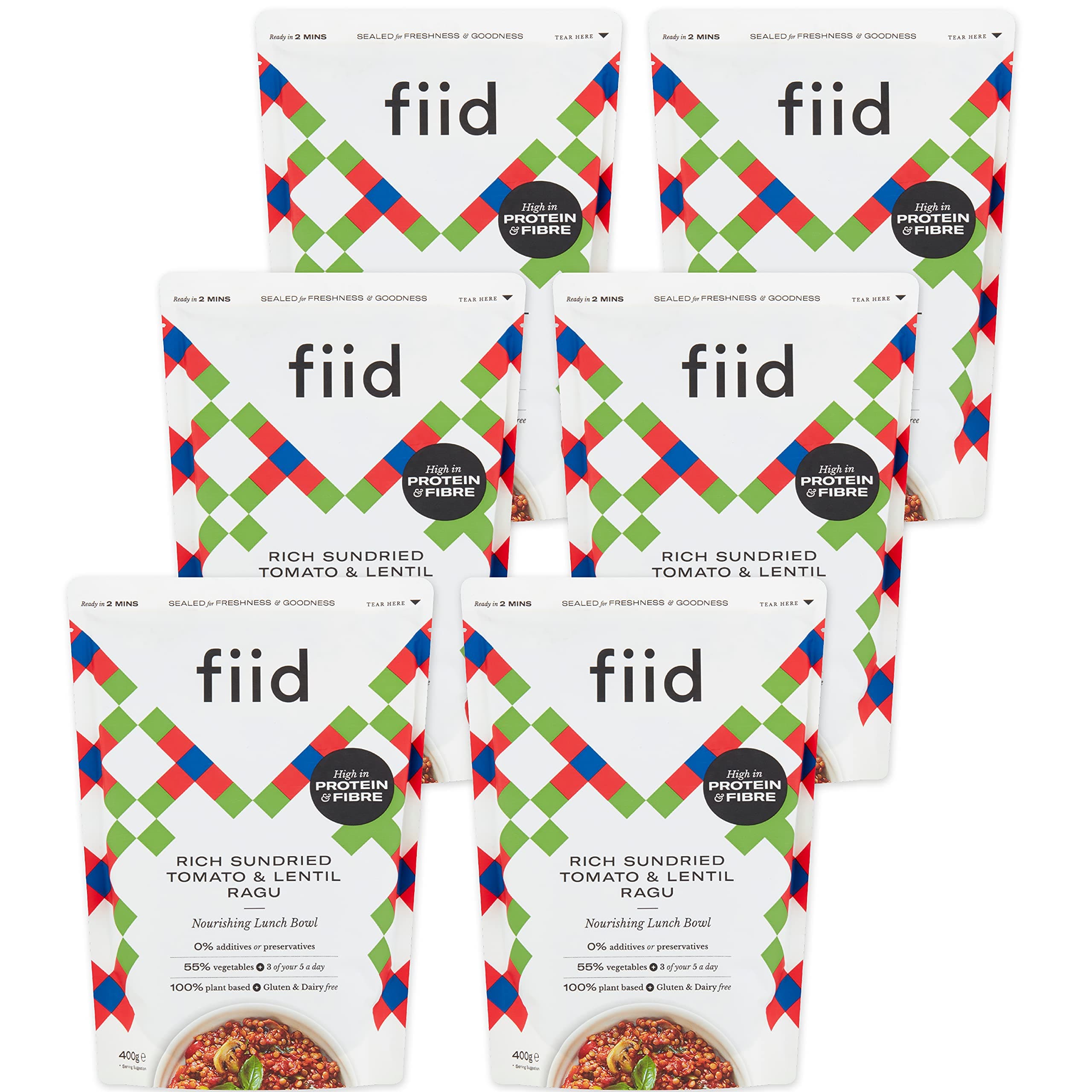 Fiid100% Natural Vegan Microwave Ready Meals - Italian Sundried Tomato & Lentil Ragu - 6 x 400g (Vegetarian Food Pouch, High in Fibre & Protein, Low in Sugar, Gluten Free, Fat Free)