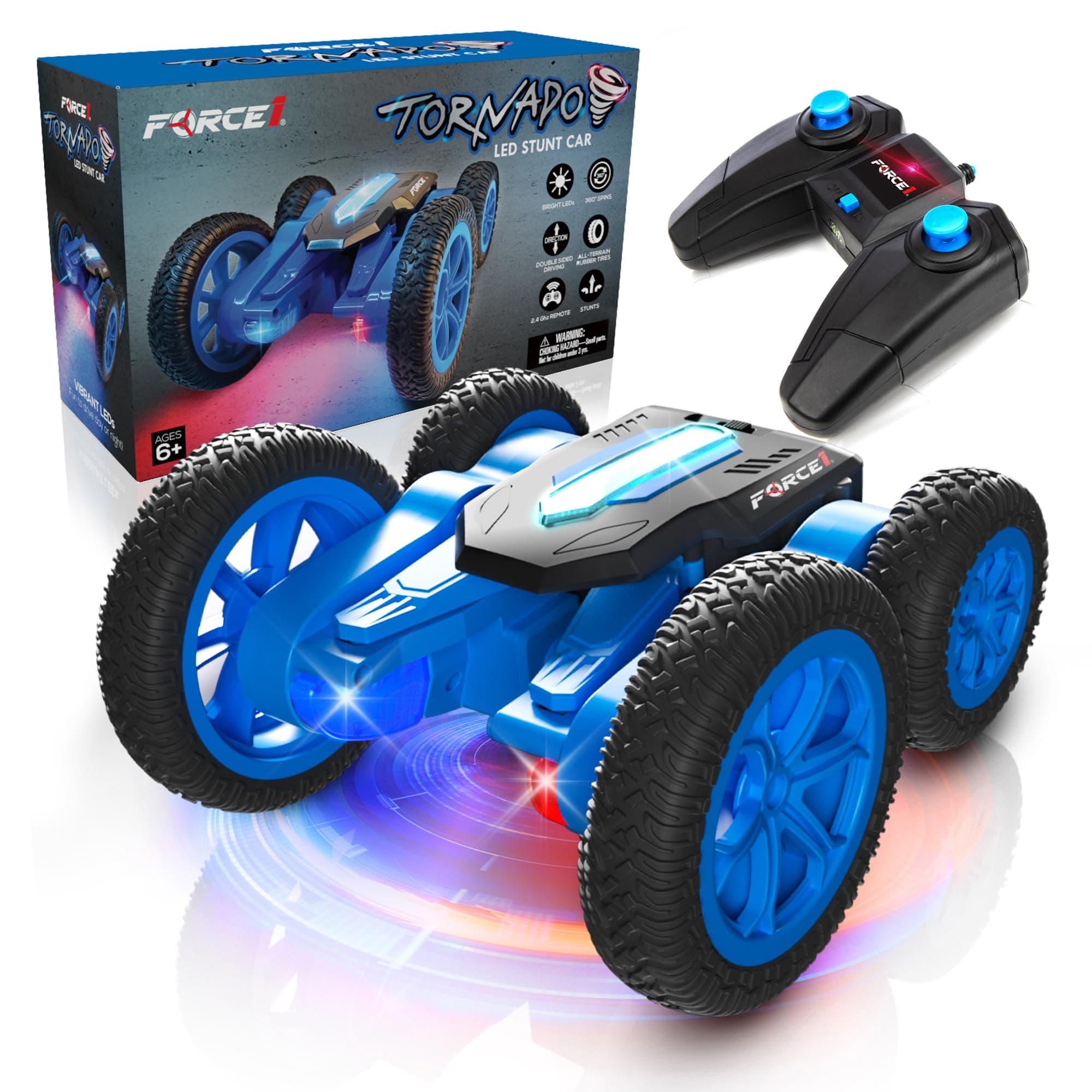 Force1 Tornado Blue LED Remote Control Car for Kids- Double Sided Driving Fast RC Cars 360 Flips, Outdoor 4WD Off Road Stunt RC Car, All Terrain Tires, RC Crawler Rechargeable Battery, 2.4GHz Remote
