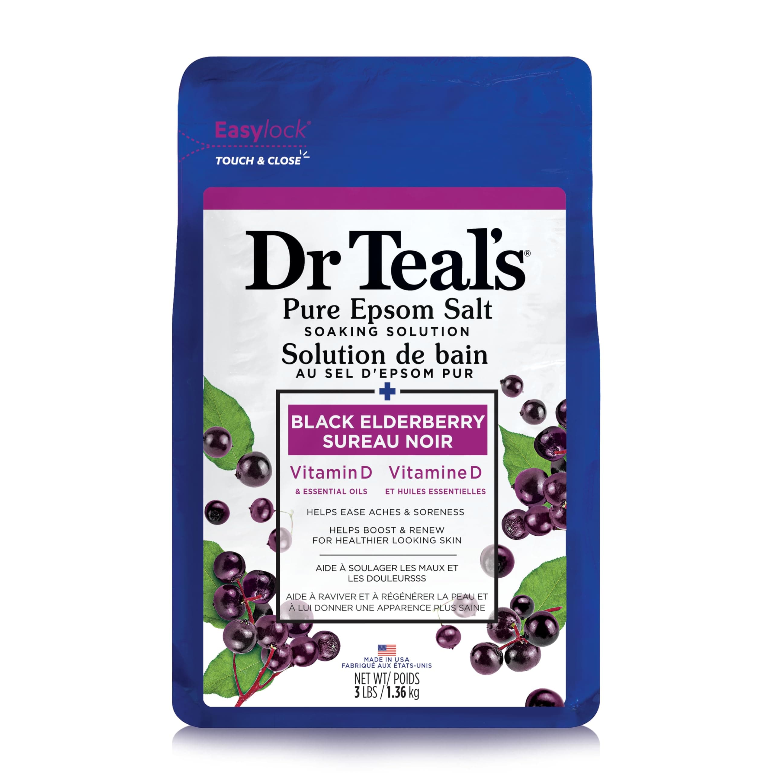 Dr Teal's Epsom Bath Salt Soak Black Elderberry With Vitamin D & Essential Oils 1.36Kg