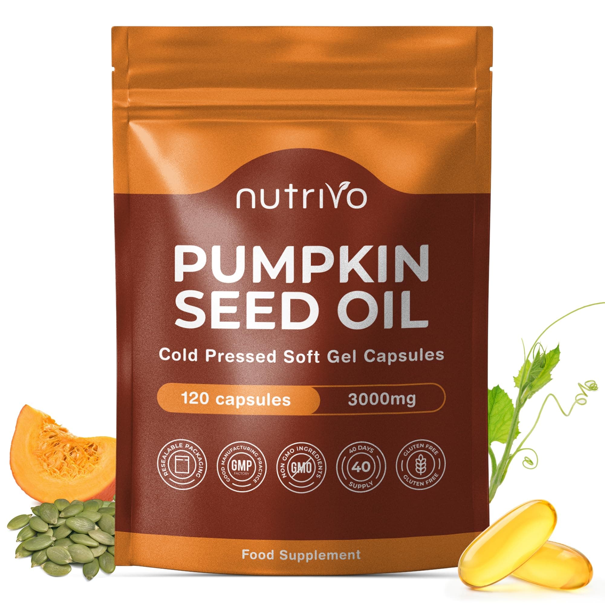 Pumpkin Seed Oil Capsules 3000mg (per 3 Soft Gel Serving) | 120 Capsules | Cold Pressed | Pumpkin Seed Oil for Hair, Prostate and Bladder | UK Made