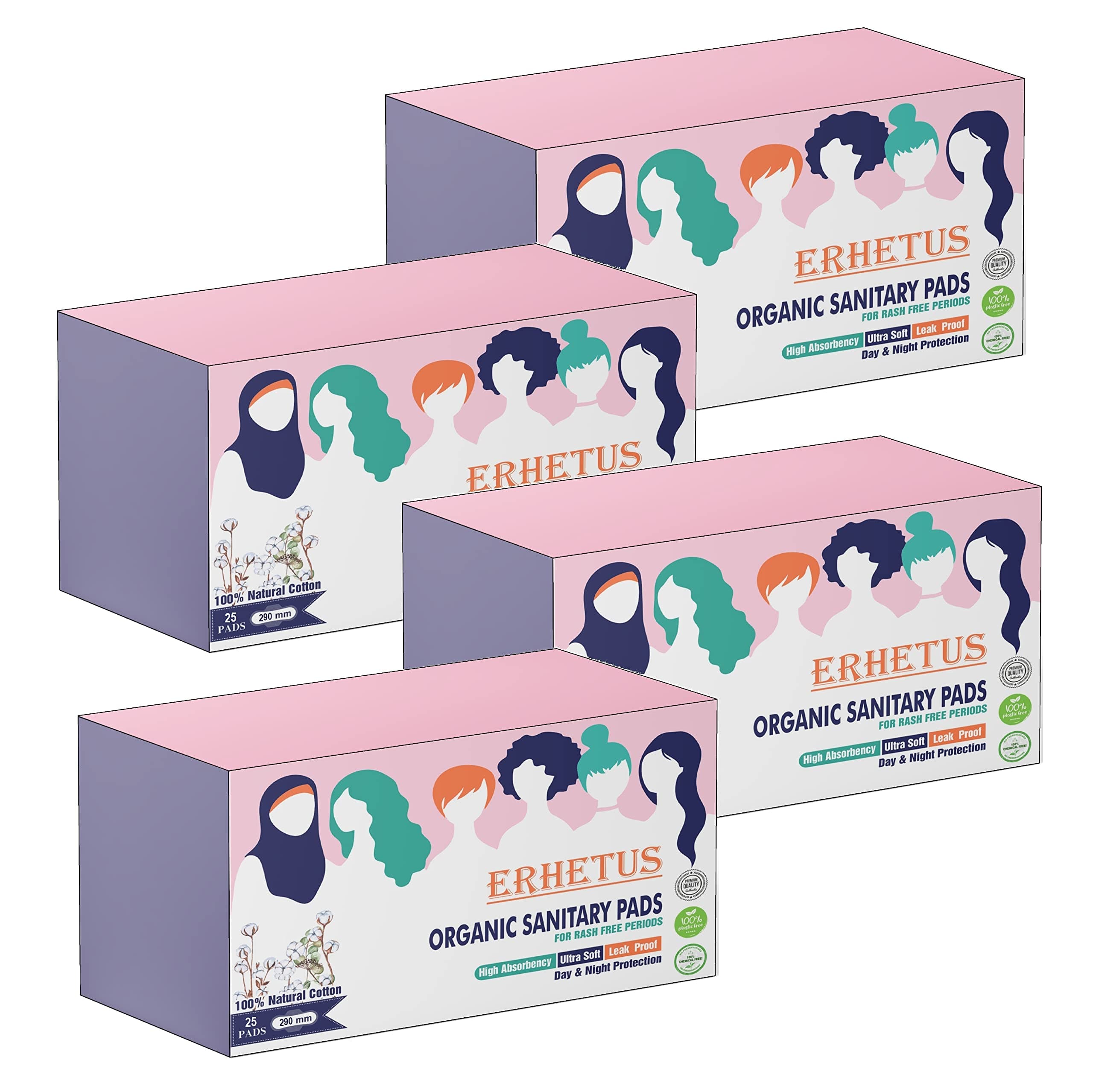 ERHETUS Biodegradable Bamboo Sanitary Pads for Women, Pure Organic Cotton Base Sanitary Napkins | Chemical & Fragrance Free, Soft, Ultra-thin, High Absorbent - 100 Pads (XL, 290mm, Pack of 4*25 pad)