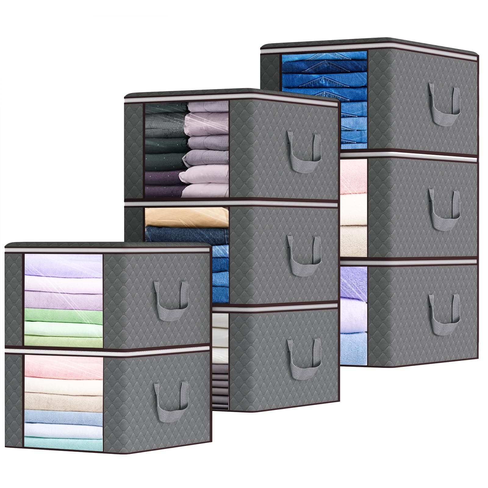 8 Pack 90L Foldable Storage Bags for Large Clothes, Comforter, Blanket, Pillow with Clear Window Sturdy Zipper and Reinforced Thick Fabric Handle, Grey