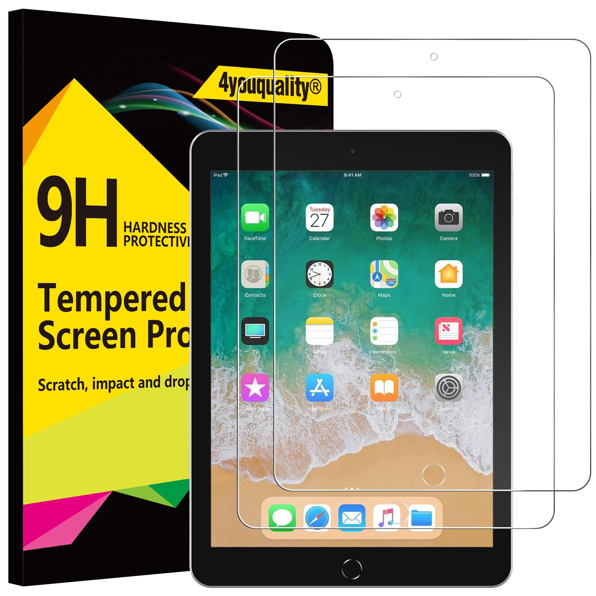 4youquality 2-Pack Screen Protector for iPad 9.7-Inch (6th/5th Generation, 2018/2017 Model), iPad Air 1/Air 2, iPad Pro 9.7-Inch, Tempered Glass Film, Anti-Scratch, Impact-Resistant
