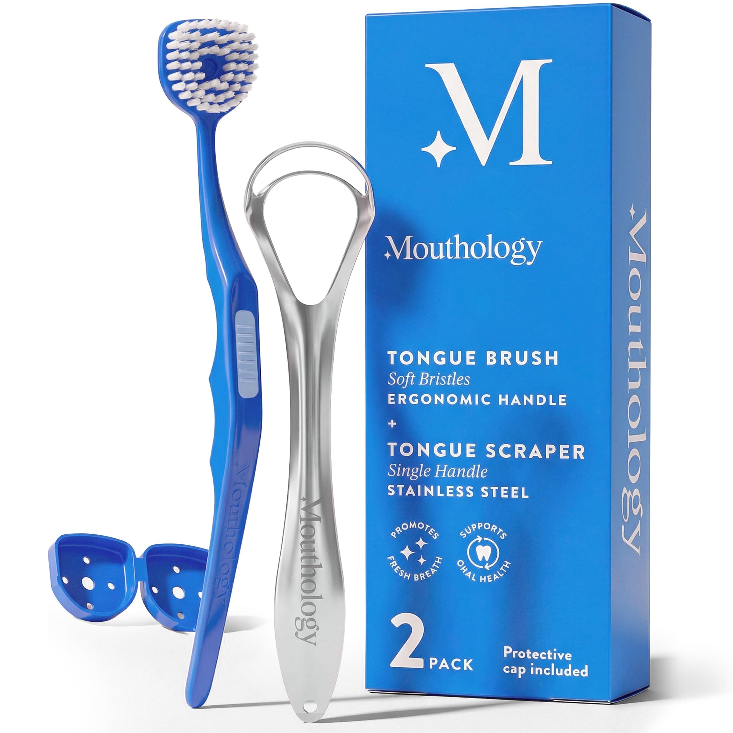 Mouthology Tongue Brushes and Tongue Scraper 2pk Dark Blue