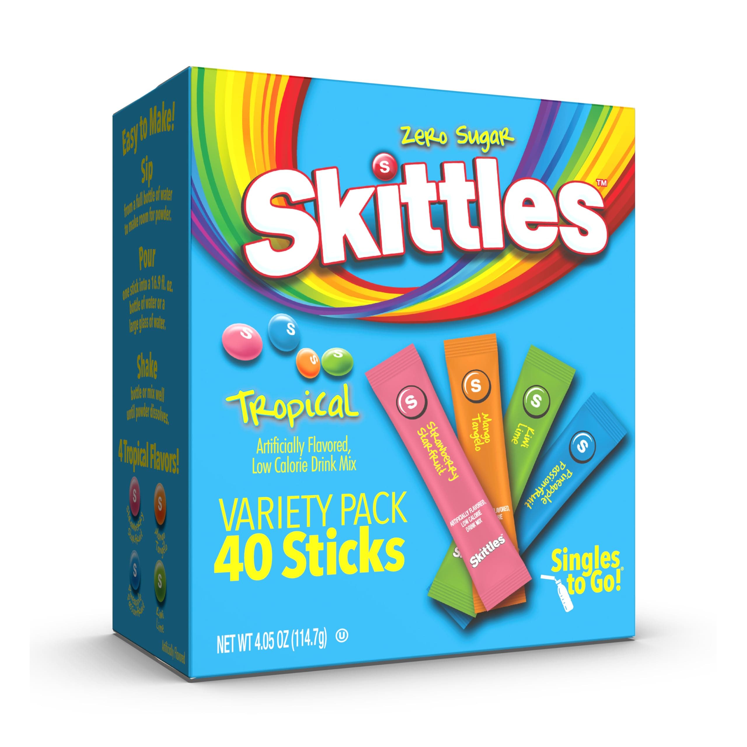 Skittles Singles To Go Tropical Variety Pack, Watertok Powdered Drink Mix, Zero Sugar, Low Calorie, Includes 4 Flavors: Strawberry Starfruit, Mango Tangelo, Kiwi Lime, Pineapple Passionfruit, 1 Box (40 Single Servings)