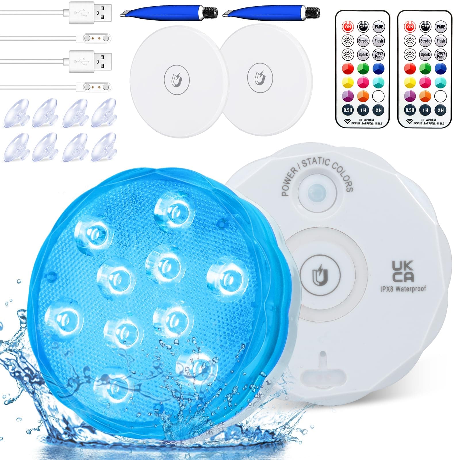 Rechargeable Hot Tub Lights, Waterproof Pond Lights Underwater Lights Pool Lights Bath Spa Lights Submersible Led Lights with RF Remote Party Fish Tank Christmas Lights Decorations 2-Pack