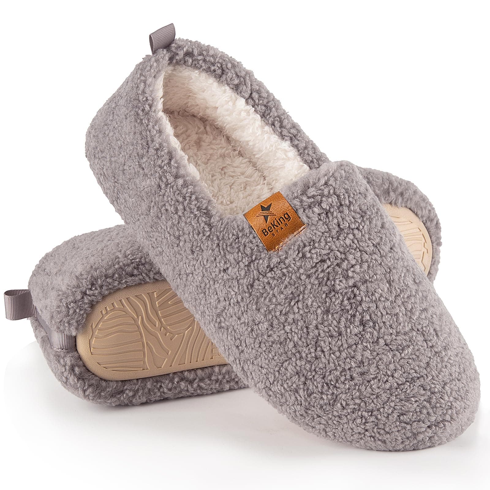 BeKingStar Women Cozy Faux Curly Fur House Memory foam Slippers Ladies Fuzzy Closed Back Indoor Bedroom Shoes