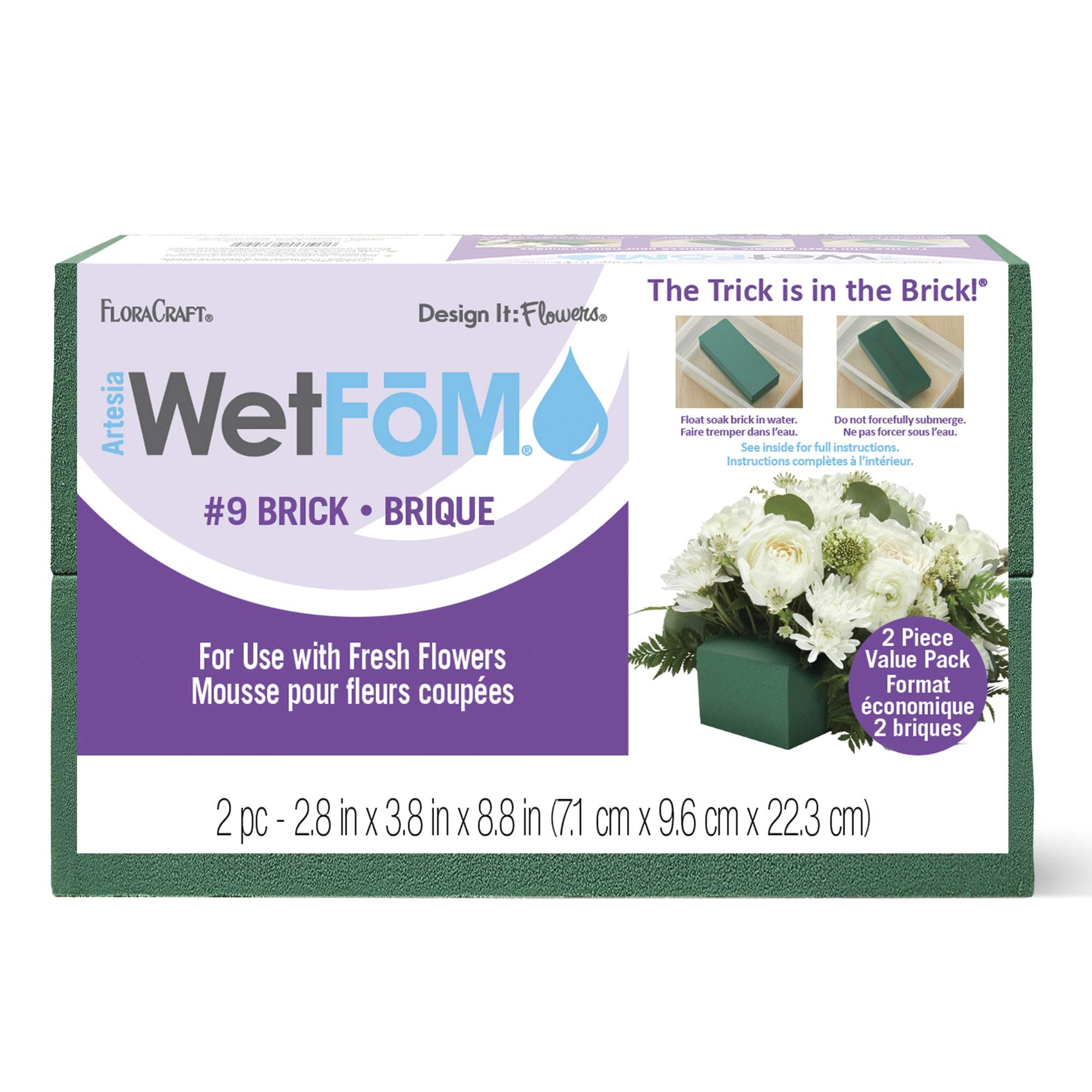 FloraCraft Floral Artesia WetFōM 2 Piece Brick 2.8 Inch x 3.8 Inch x 8.8 Inch Green