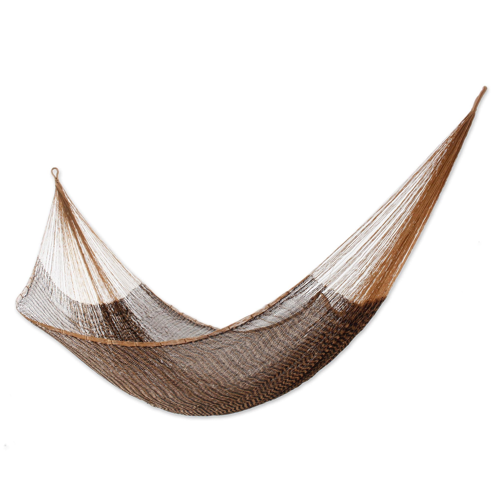 NOVICAMetallic Brown Hand Woven Nylon Mayan 1 Person Rope Hammock, 'Caribbean Mambo' (Single)
