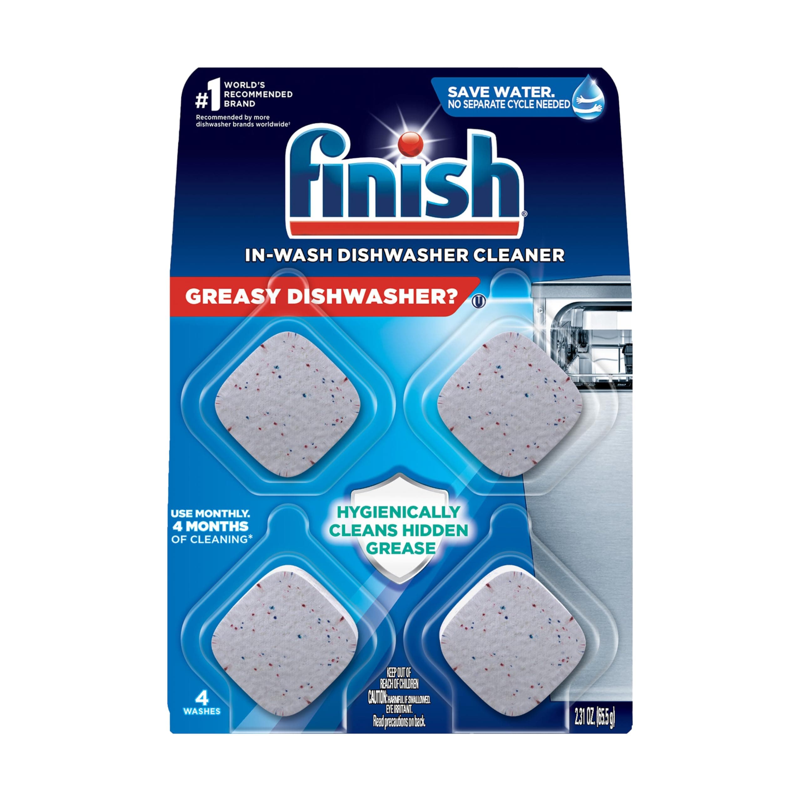 Dishwasher Cleaner Tablets, 4 count, Hygienically Cleans Hidden Grease, Use in Normal Cycle, Lemon Scented, 4 Month Supply