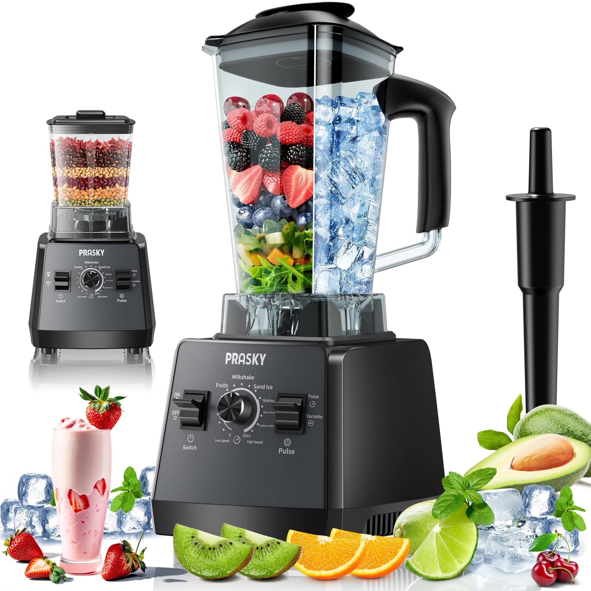 Professional Blender,Smoothies Blenders, PRASKY Max.2400Watts/1000Watts Blender and Grinder Combo 25000RPM Powerful Kitchen 68oz BPA Free 2 Containers Countertop Blenders Ice Crushing, Juice