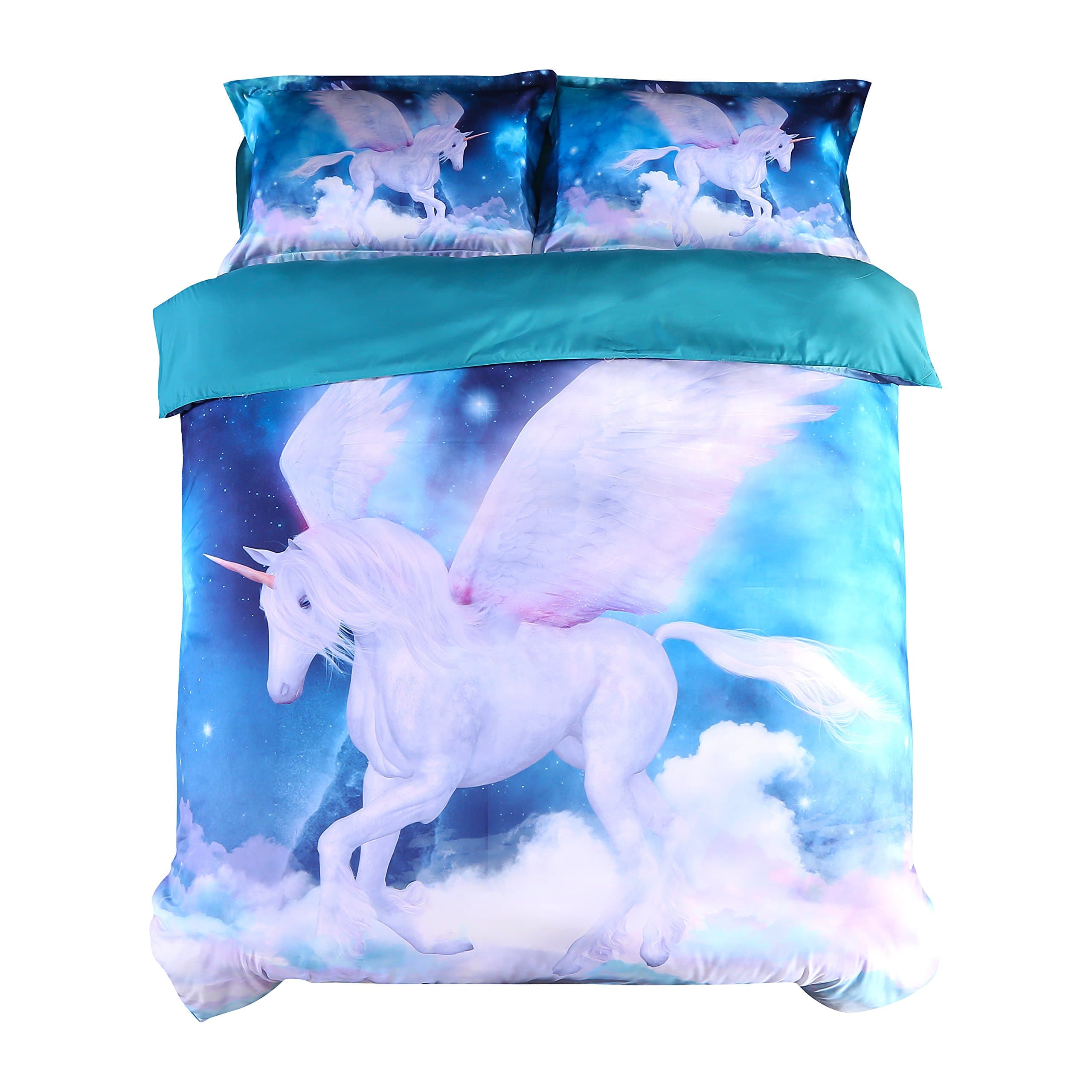 Beddinginn Teal Unicorn Bedding Set Girls Unicorn Bed Cover Set 3D White Flying Unicorn Duvet Cover Set for Child No Comforter 89"×94"/240×225cm(White Unicorn 1，Queen)