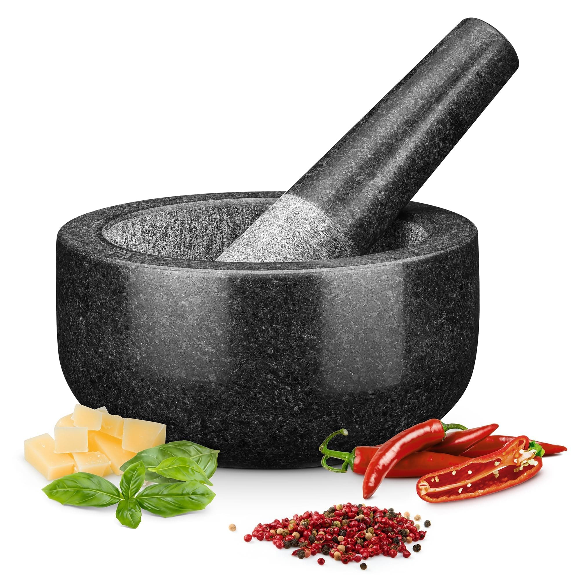 – H&S Pestle and Mortar Set, Premium Solid Granite Stone Mortar and Pestle Large Black - 16cm (6.3") Diameter - Pestle and Mortar Large