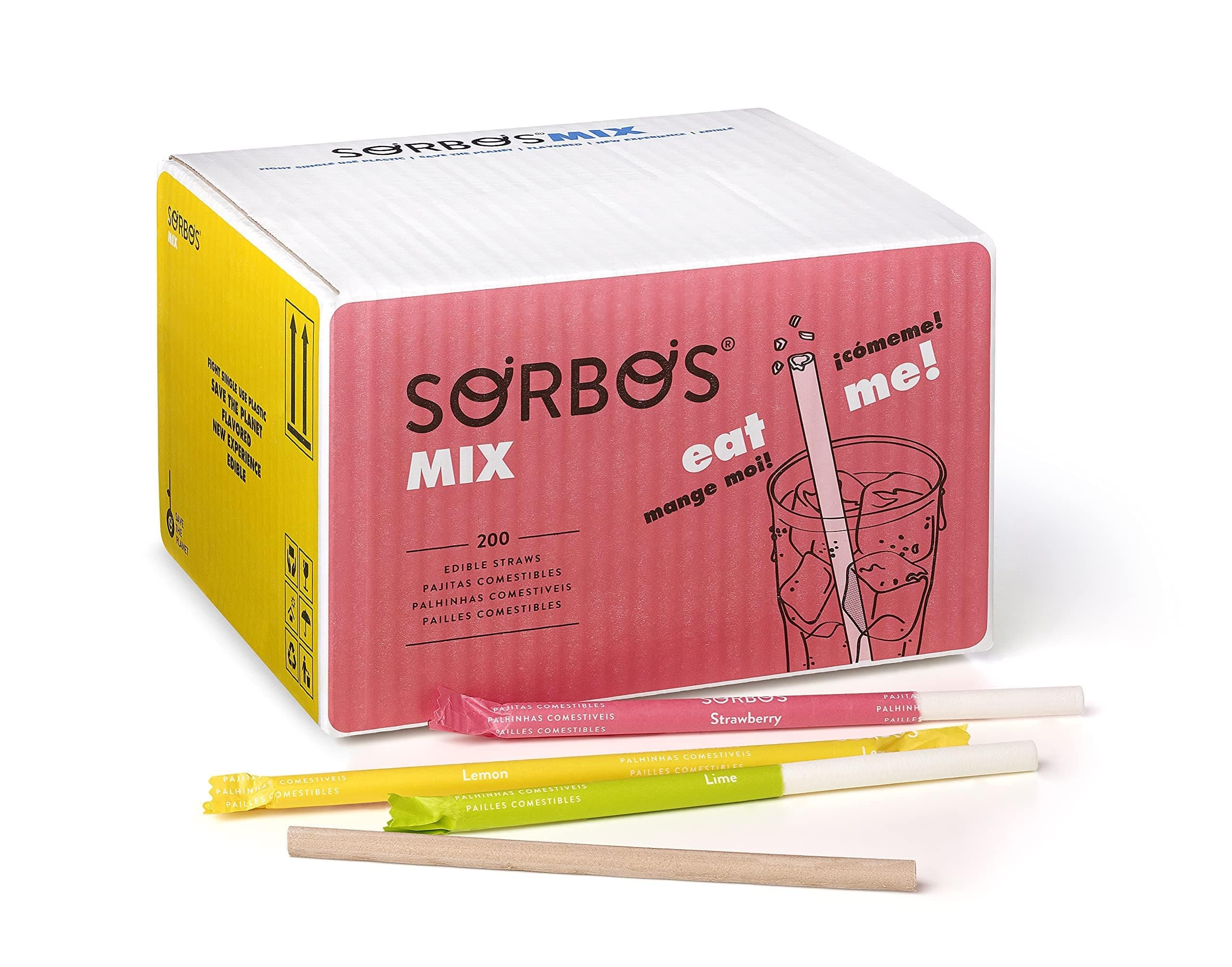 SORBOS Edible Straws, Assorted Flavors - Chocolate, Lemon, Lime, Strawberry, Sustainable, Allergen-free, Gluten-free, 100% Biodegradable (200 Straws)